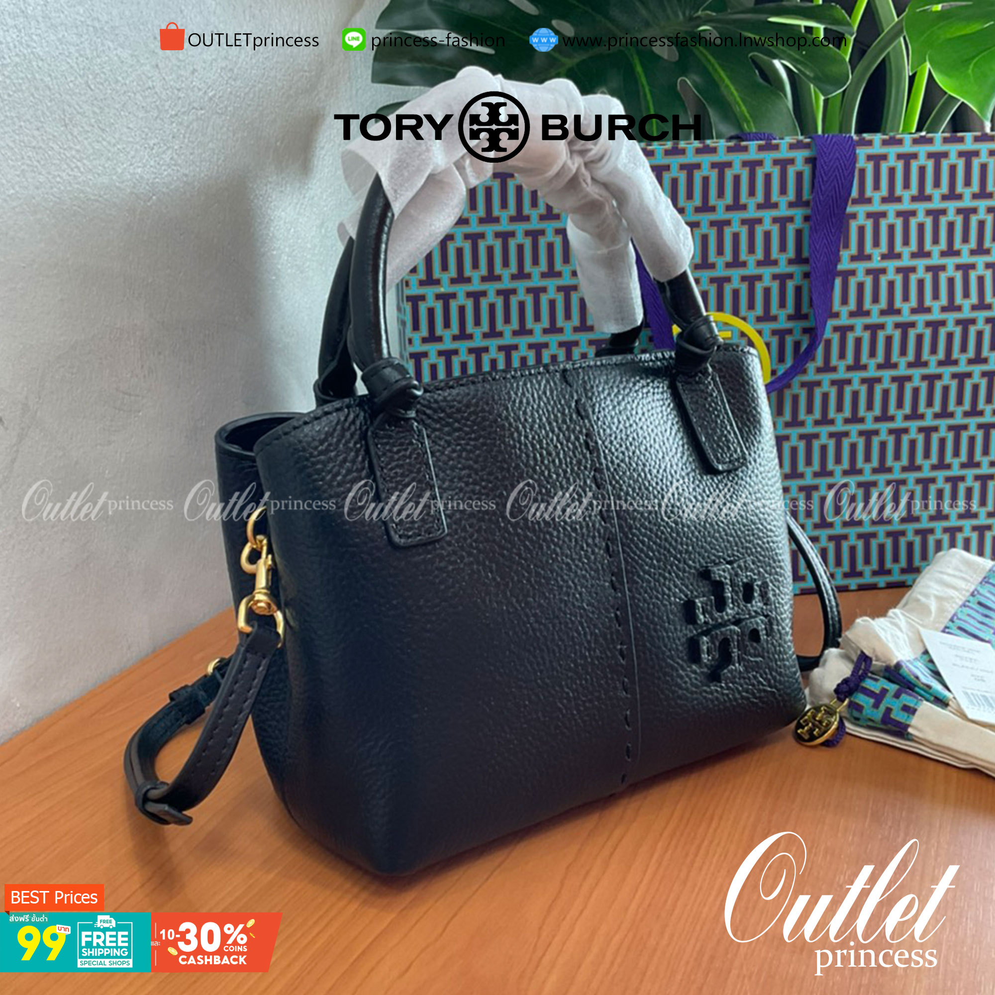 Tory Burch McGraw Mini Satchel กระเป๋าถือ/สะพาย Crossbody วัสดุหนังลูกวัวแท้ 100% ด้านหน้าประดับโลโก้หนัง ตัดเป็นรูปตัว T สัญลักษณ์แบรนด์ ตัวกระเป๋าเดินด้ายเล่นลายเพิ่มลูกเล่น เพื่อความเก๋!!