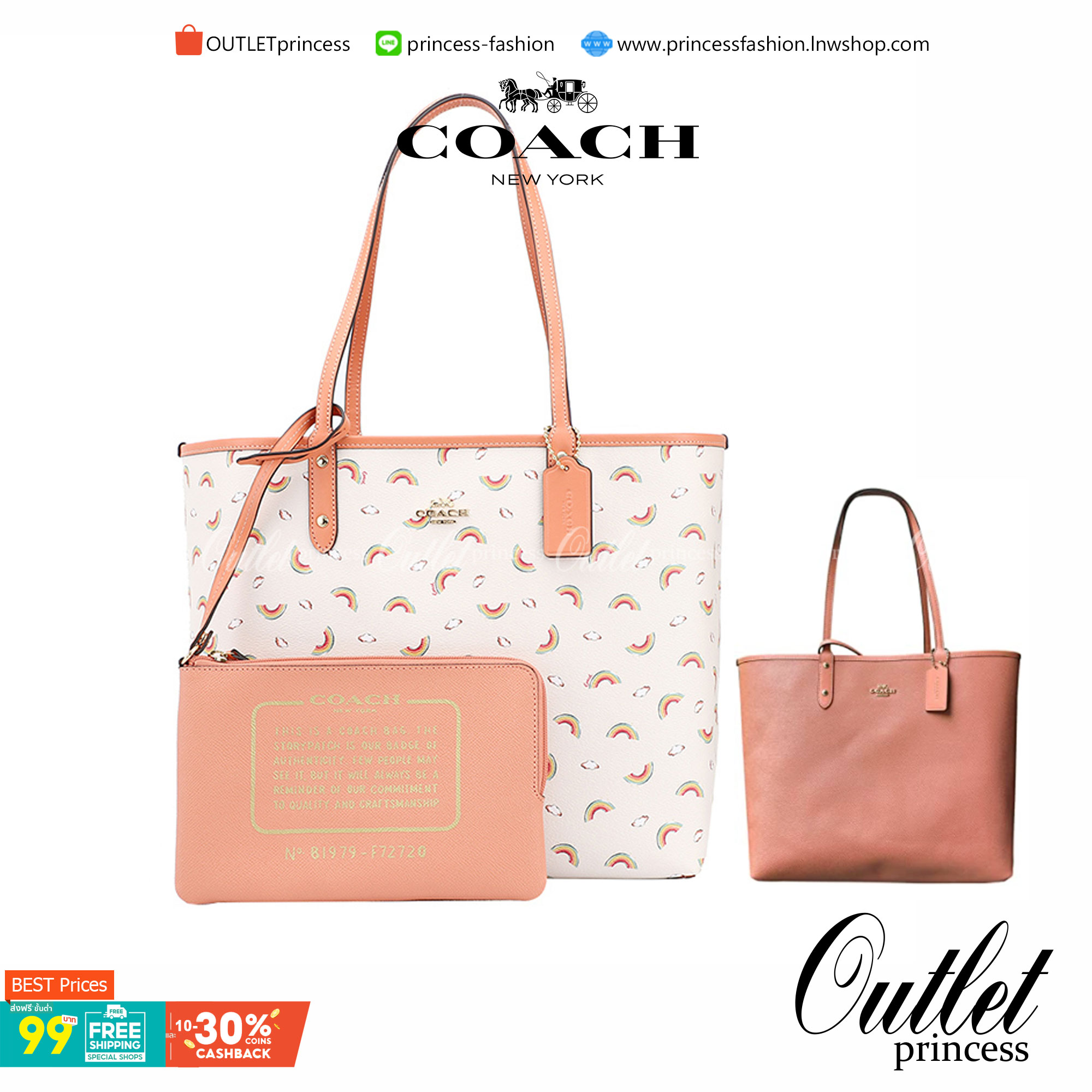 ลายหายากแล้วนะคะ🌈 COACH REVERSIBLE CITY TOTE RAINBOW PRINT ((F72720)) กลับมาอีกครั้ง! กระเป๋าทรงTote หนังแท้ กลับด้านได้ใช้ได้2ด้านค่ะ//ด้านนึงสีครีมลายรุ้ง//อีกด้านสีโอรส สวยงามค่ะ