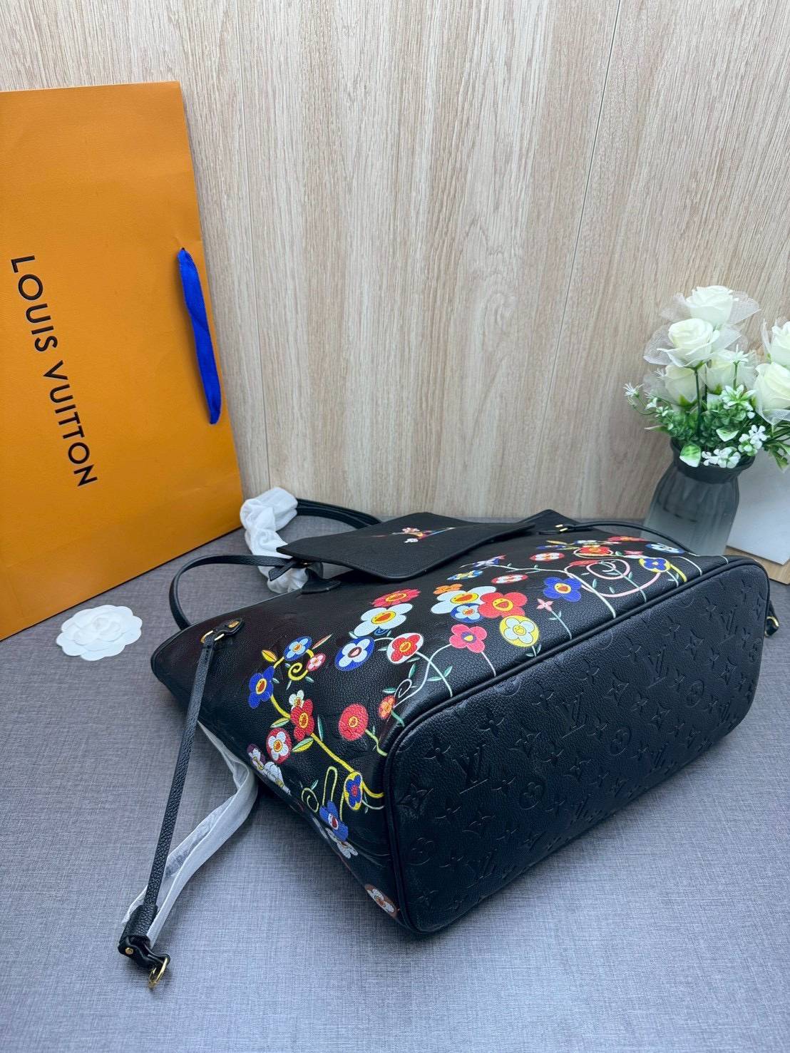 ORI หนังแท้ | LV x TM Neverfull MM Monogram Flower motifs colorful Black / LV Tote Bag กระเป๋าสะพายทรงโท้ทใบใหญ่ ลายดอกไม้หลากสีสดใส