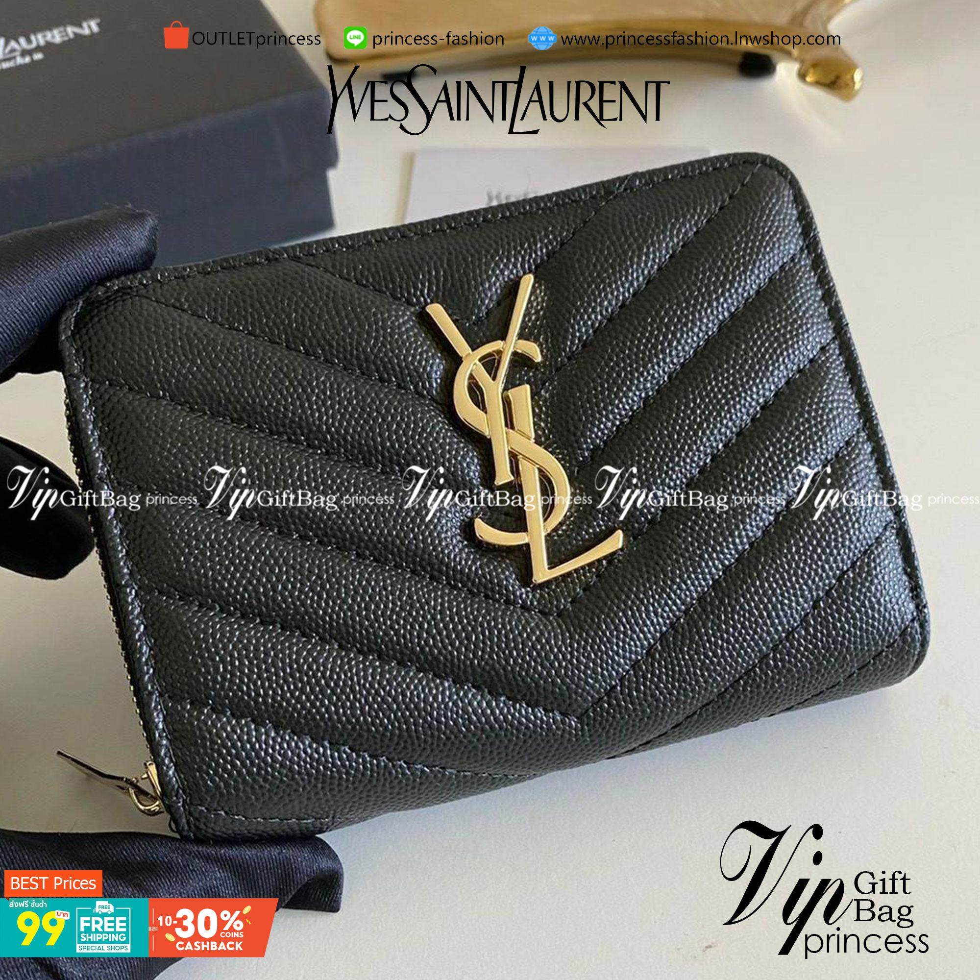 VIP GIFT 】หนังแท้ YSL Saint Laurent monogram compact zip short wallet มาแล้วจร้า ถามหากันเยอะมากๆ กระเป๋าสตางค์ใบสั้นที่ใส่แบงค์ ใส่บัตร ใส่เหรียญได้เยอะสุดๆ มีสองด้านซิปและพับ ใบเดียวครบจบเลย หนังสวยมาก ละเอียดสุดๆ