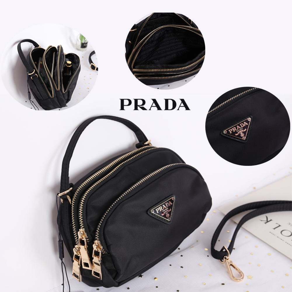 PRADA MINI 3 ZIPPER NYLON HANDBAG & SHOULDER BAG กระเป๋าถือหรือสะพายทรง dome size mini วัสดุ nylon มีหูหิ้วจับถนัดมือ