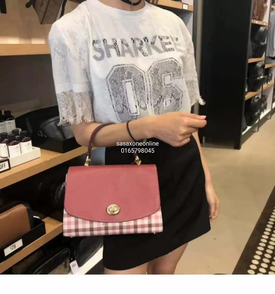 COACH TILLY TOP HANDLE SATCHEL WITH GINGHAM PRINT (COACH F76615) BROWN PINK MULTI/GOLD