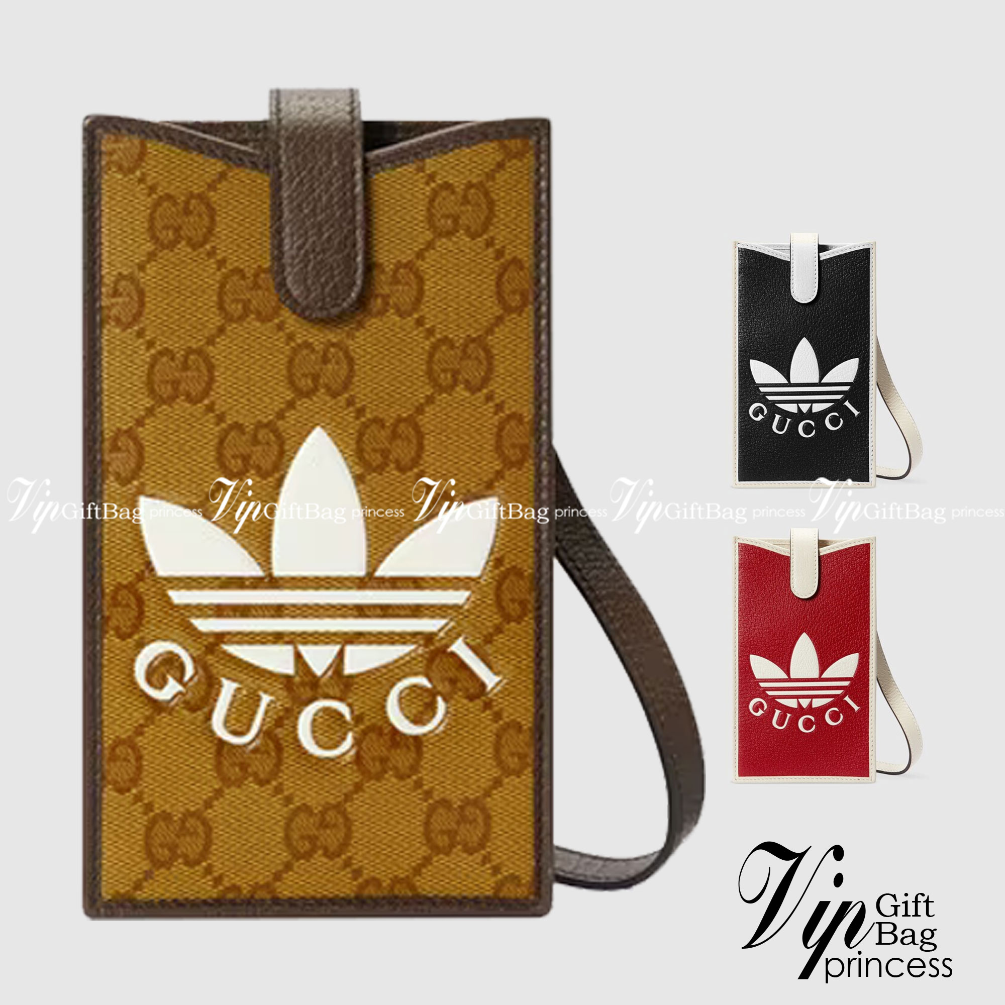 VIP 🥂 LIMITED EDITION Gucci x adidas Phone Case ไม่มีได้ยังไง สวยขนาดนี้ ที่หนุ่มๆสาวๆต้องมีติดตัวค่ะ 💙กระเป๋าใส่มือถือ หนังแท้ 🔺สีน้ำตาลอมเหลือง สัสดุJacquard ทอลายGG ค่ะ ด้านหน้าทั้ง3สี มีโลโก้แบรนด์แบบนูนอันเป็นสัญลักษณ์ของคอลเล