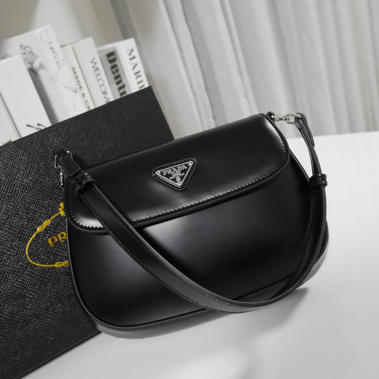 PRADA CLEO BRUSHED LEATHER SHOULDER BAG กระเป๋าทรงสวยยอดฮิต ทรงสะพายไหล่สวยหรูอยู่ทรง หนังเรียบเงาหรูสุดคลาสสิก