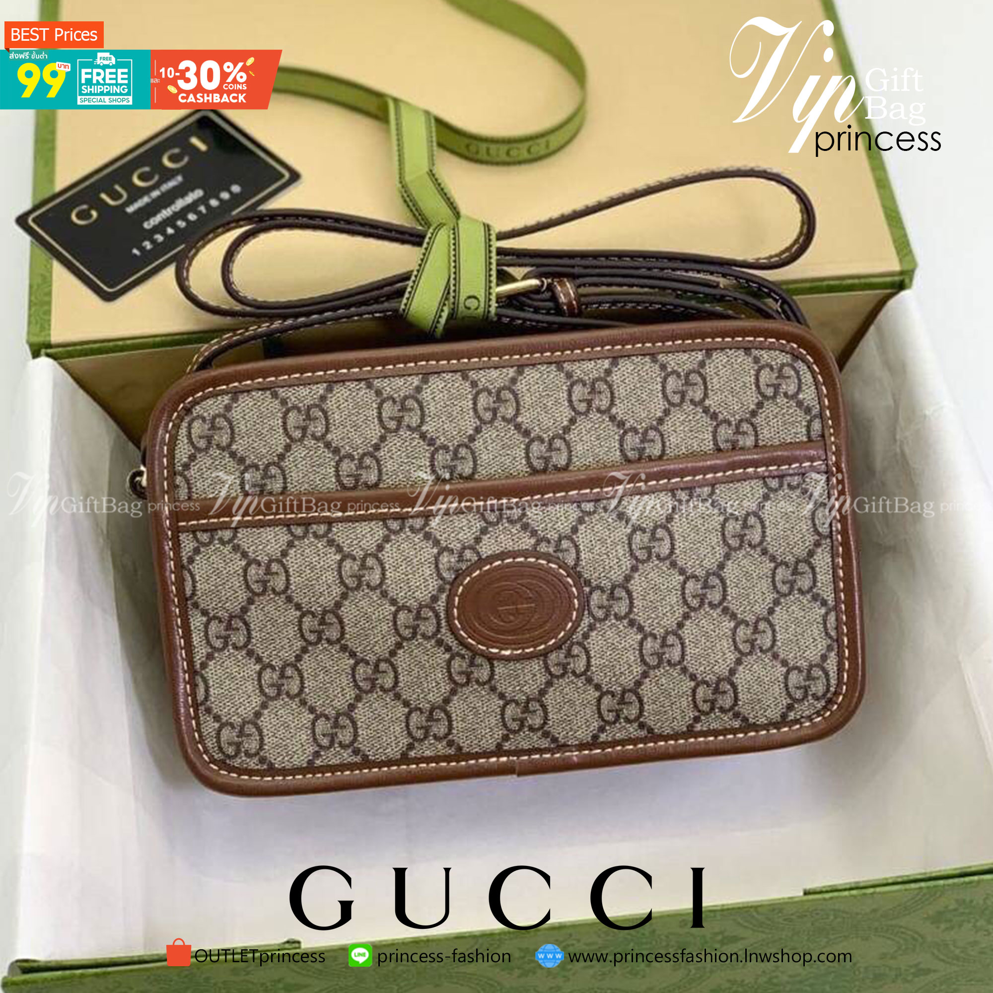 VIP 】หนังแท้ GUCCI Mini Bag With Interlocking G In GG Supreme And Brown Leather พร้อมส่งที่ไทย กระเป๋าสะพายดีไซน์สวย ใช้ได้ทั้งชายหญิง คลาสสิคและน่ารักในตัว ใช้งานง่าย ใช้ได้หลายโอกาส งานหนังแท้ สวยมากค่ะ
