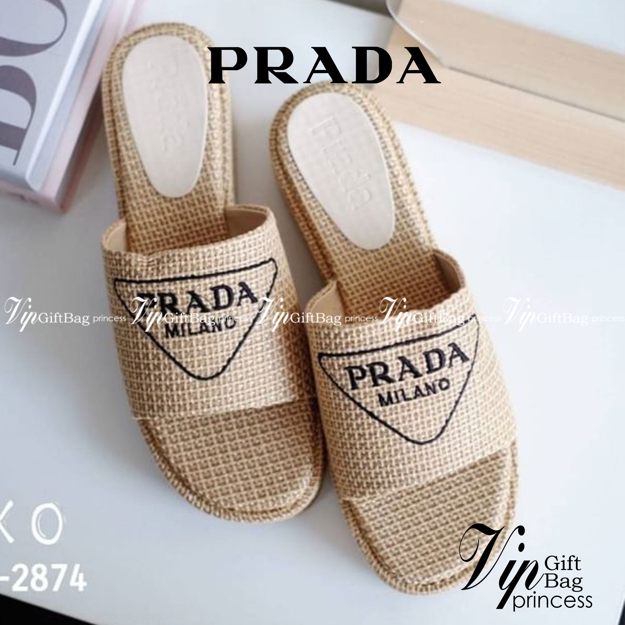 PRADA Shoes รองเท้างานสวม วัสดุผ้าลายกระสอบ ทรงเตารีด ส้นเสมอ น้ำหนักเบา ใส่สบาย ไม่เขย่ง เข้าทรงรูปเท้า