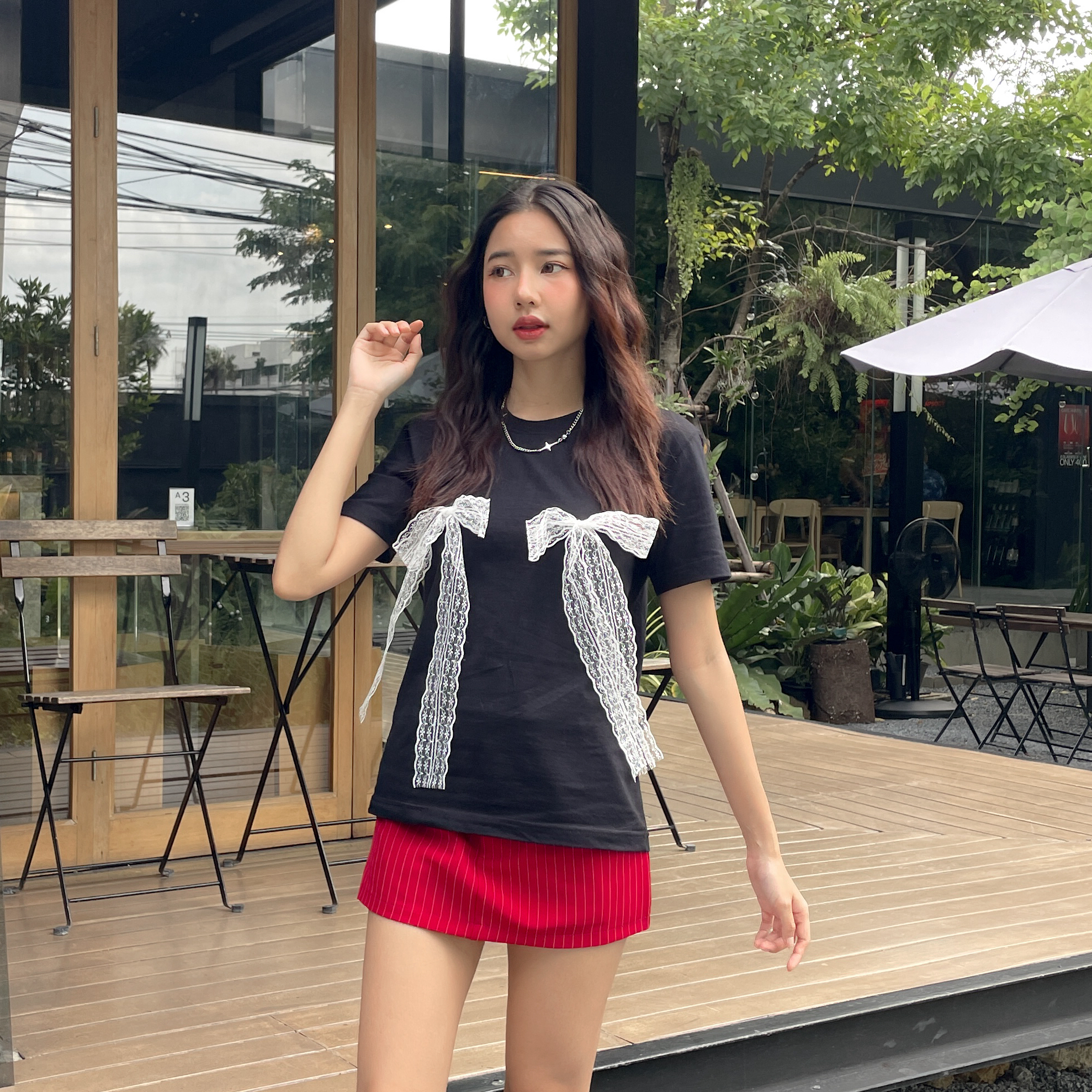 พร้อมส่ง 🧺 Bailey blouse เสื้อยืดแขนสั้นแต่งโบว์น่ารักมาก (IN38768)