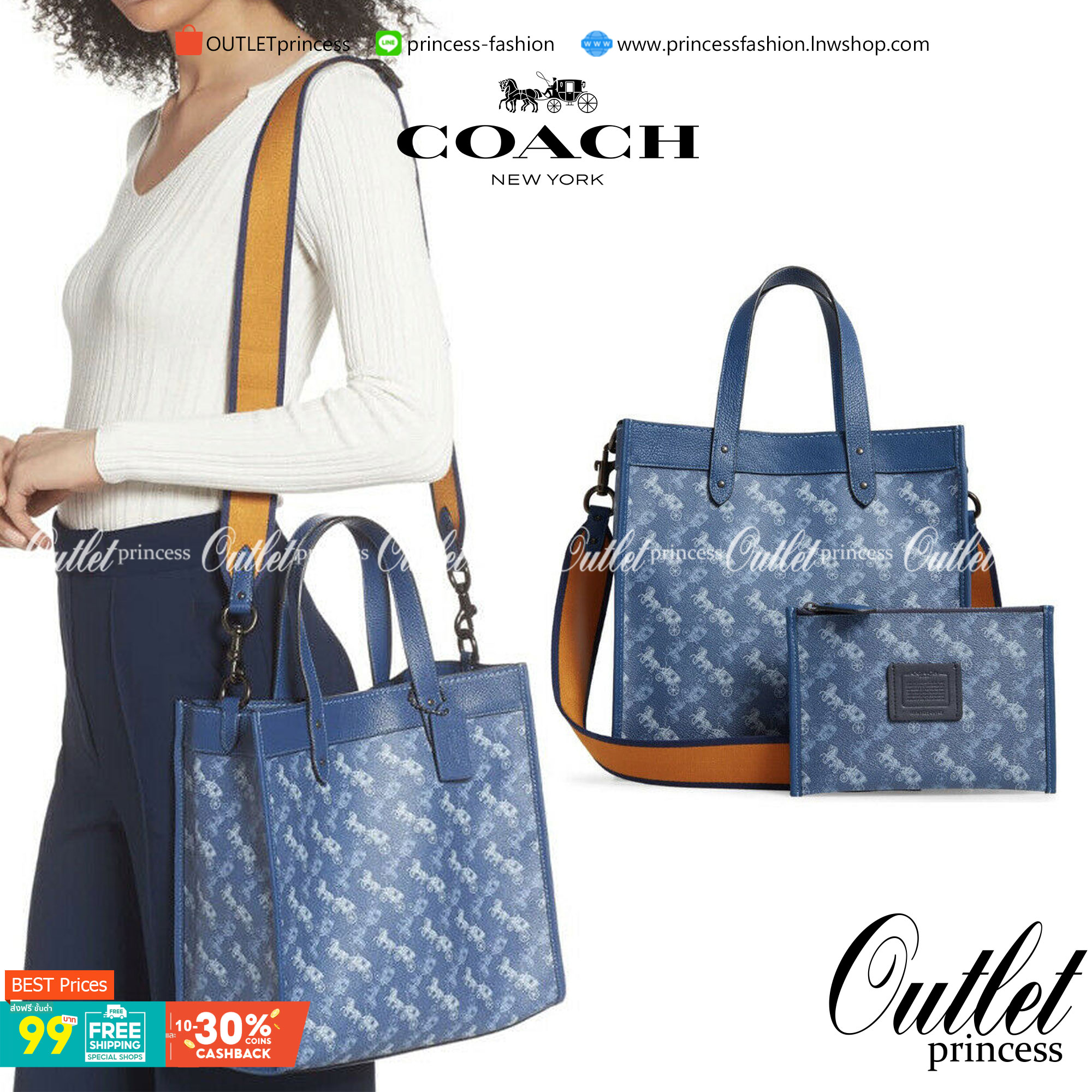 OUTLET 】Coach Field Tote With Horse And Carriage Print พร้อมส่งที่ไทย 89143 Blue True Blue Field Tote