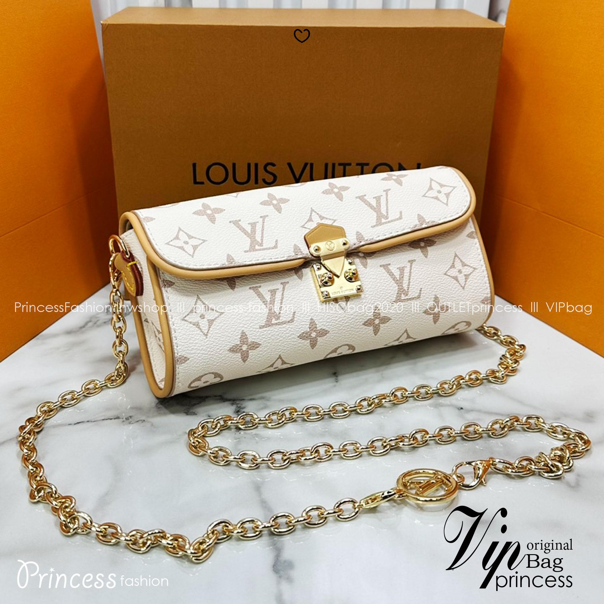ORI หนังแท้ | LV Pochette Camille bag Monogram Dune Canvas กระเป๋าสะพายทรงพอส สายโซ่สีทองสวยงามหรูหรา ตกแต่งตัวล็อกแบบ S lock สีทองเข้ากันลงตัวกับสายโซ่ถอดได้