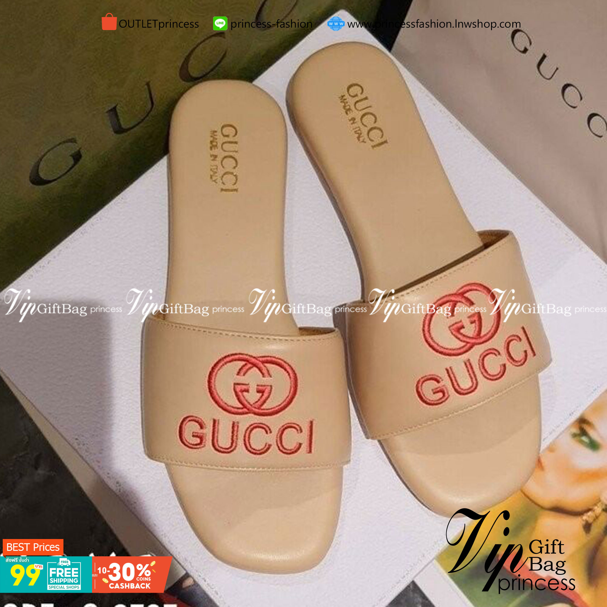 Gucci แตะสวม พื้นฟองน้ำนุ่มมาก สายคาดด้านบนรองซับกำมะหยี พร้อมโลโก้แบรนด์งานปัก ใส่สบาย น้ำหนักเบา แมส์ชุดง่าย