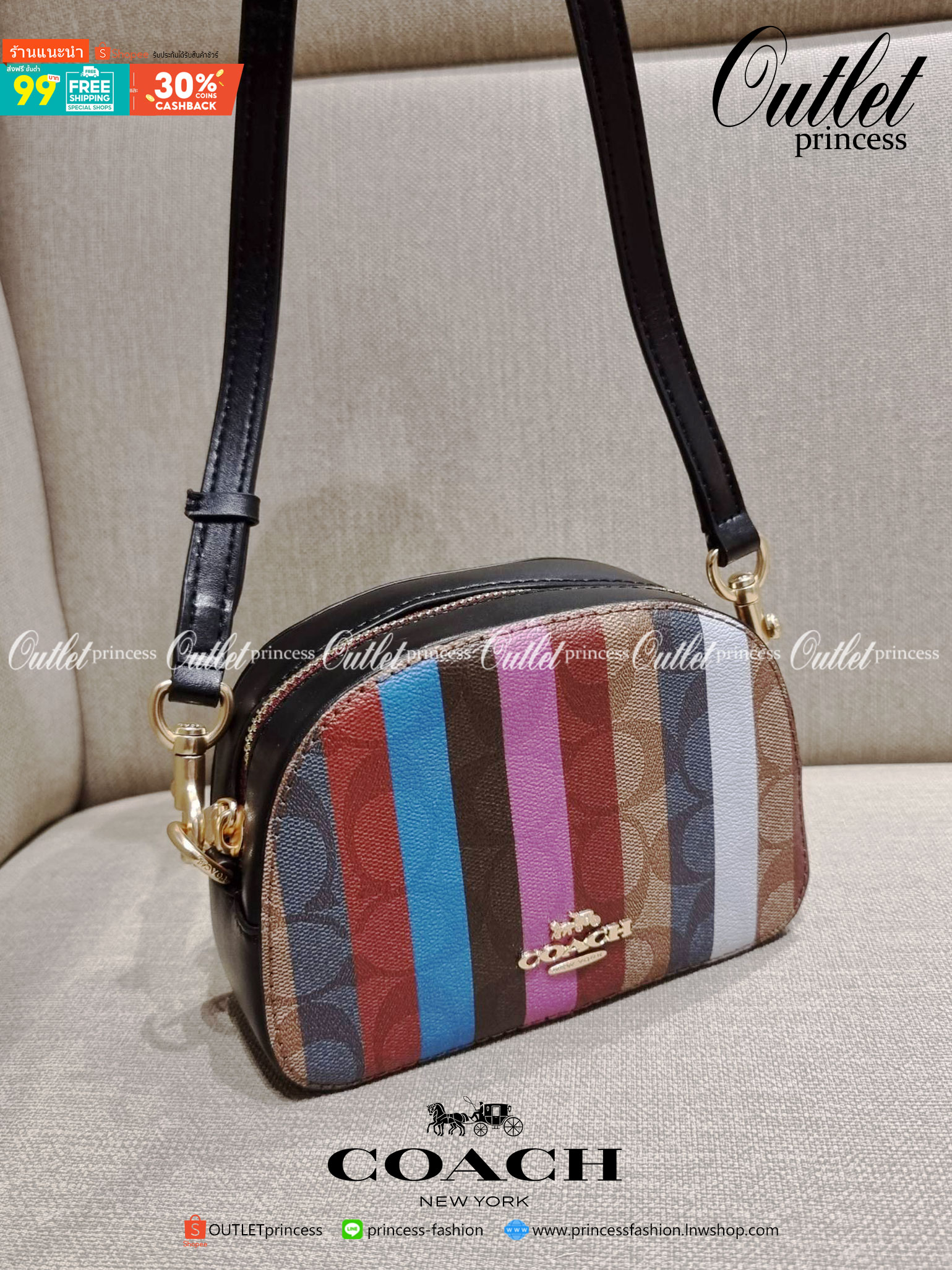OUTLET 】COACH C5590 MINI SERENA CROSSBODY IN SIGNATURE CANVAS WITH STRIPE PRINT มาจ้าแม่ มาหนักๆอีกแล้ว กับคอลเลคชั่นที่ขายดี ขายหมด ไม่เคยพอจะขาย!! มินิเซเรนา ดีไซน์สดใส น่ารักน่าใช้ที่สุด วัสดุหนังแคนวาสเคลือบลาย เปิด-ปิดด้วยซิป สะดวกใช้ ภายในเป็นช่องโล