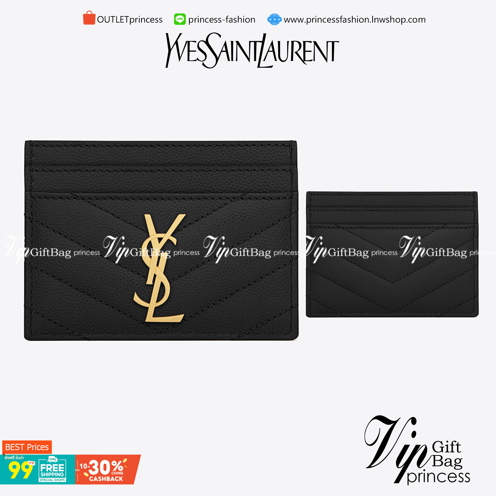 VIP 】หนังแท้ YSL SAINT LAURENT MONOGRAM CARD CASE IN GRAIN DE POUDRE EMBOSSED LEATHER (อะไหล่เงิน/อะไหล่ทอง) YSL CARD HOLDER