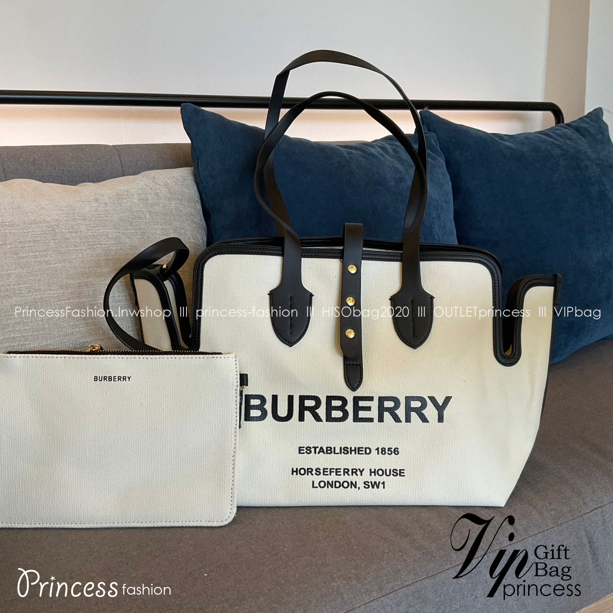 BURBERRY FRAGRANCES TOTE BAG พร้อมส่งรุ่นใหม่!! BURBERRY LARGE LONDON TOTE BAG IN WHITE / Burberry Canvas Logo Tote Bag กระเป๋าสะพายไหล่ทรงช้อปปิ้ง ทรงคลาสสิค ฮิตตลอดกาล ตัวกระเป๋าวัสดุหนังผ้าแคนวาส