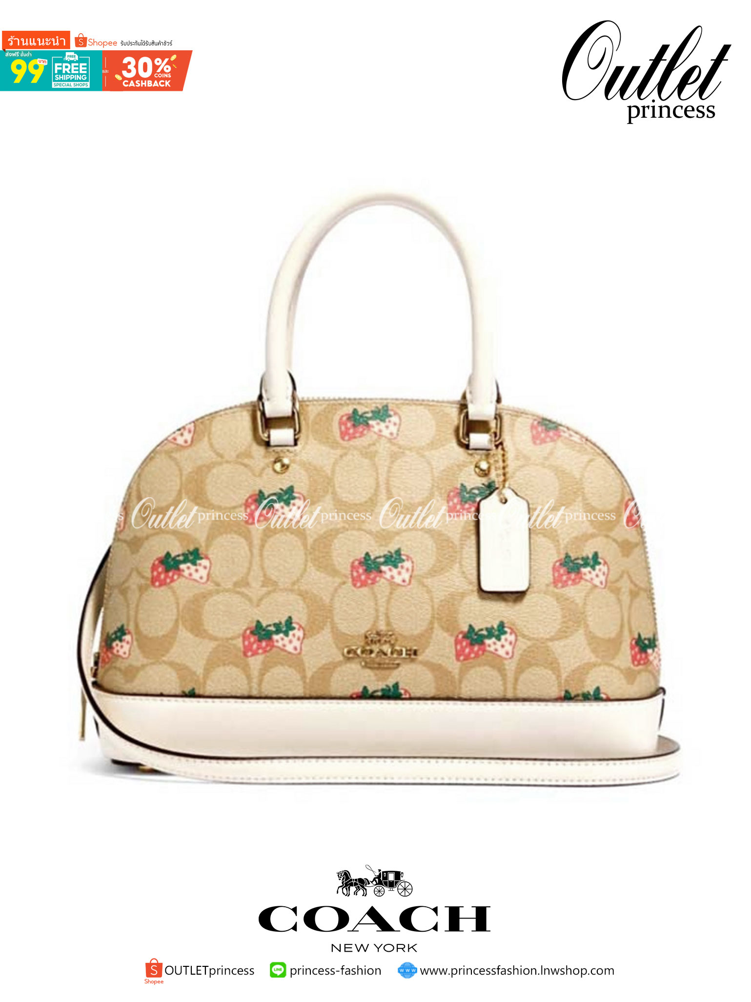 COACH 91514 MINI SIERRA SATCHEL IN SIGNATURE CANVAS WITH STRAWBERRY PRINT สายคุณหนูมารวมตัวกันตรงนี้เลยจ้า!! ละมุนกว่านี้ไม่มีแล้ว กับกระเป๋าทรงโดมสุดคลาสสิค เพิ่มดีเทลลูกเล่นลายสตรอเบอรี่ ให้มีความคิ้วท์แบบไม่เยอะเกินไป ลงตัวพอดี มาพร้อมหูจับในตัวและสายส