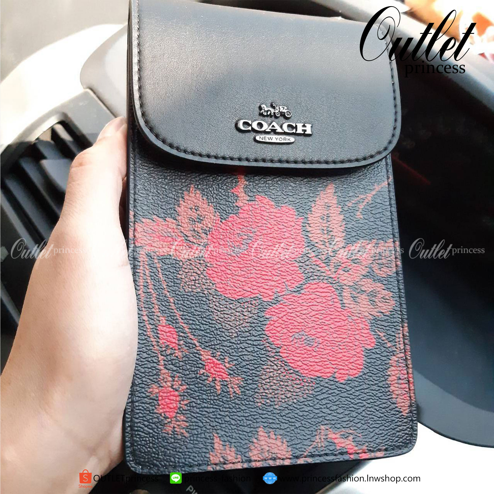 ของแท้ 100% COACH F76988 NORTH/SOUTH PHONE CROSSBODY IN SIGNATURE CANVAS WITH PRAIRIE DAISY CLUSTER PRINT /BLACK