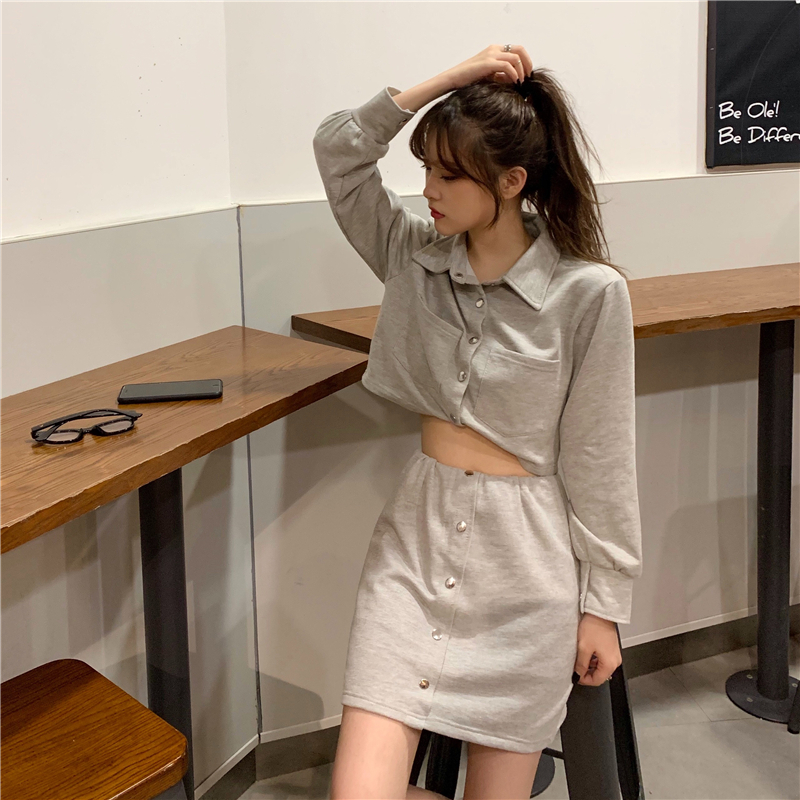 พร้อมส่ง เซต 2 ชิ้น 🌻 Cute cotton set เซตเสื้อยืดแขนยาว กระโปรงทรงเอ (IN34862)