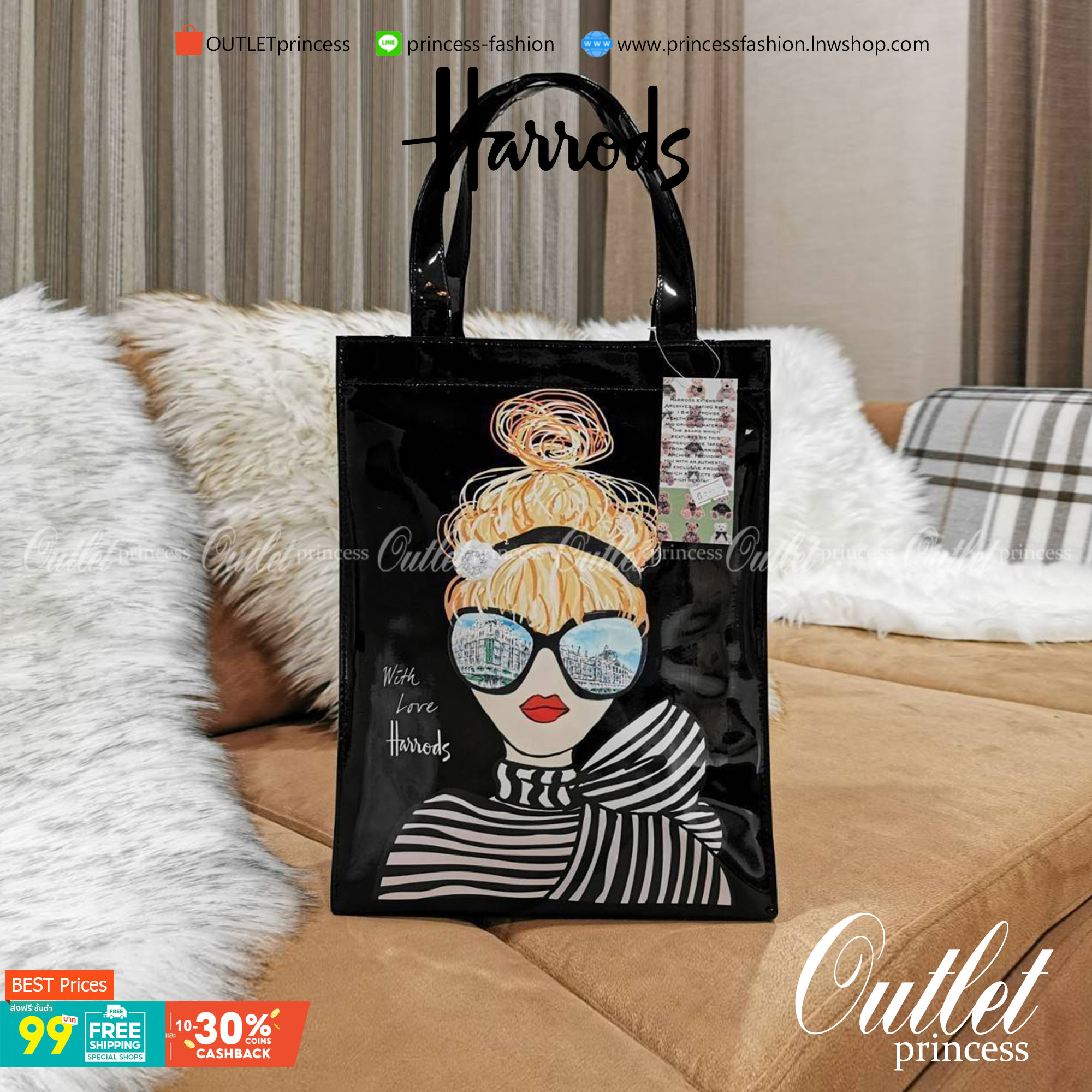 Harrods London Top-handle Shopping Bag (Large) กระเป๋า Shopping แบรนด์ดังจากอังกฤษไอเท็มยอดนิยมวัสดุ PVC+Polyester 100% ของแท้เนื้อหนาอยู่ทรงกันน้ำ ขนาดใหญ่กำลังดี รุ่นนี้ใส่เอกสาร A4 ได้ค่ะ เปิดปิดด้วยซิปสะดวกใช้ หัวซิปโลโก้แบรนด์อะไหล่เงินสวยดูดีภายในกว
