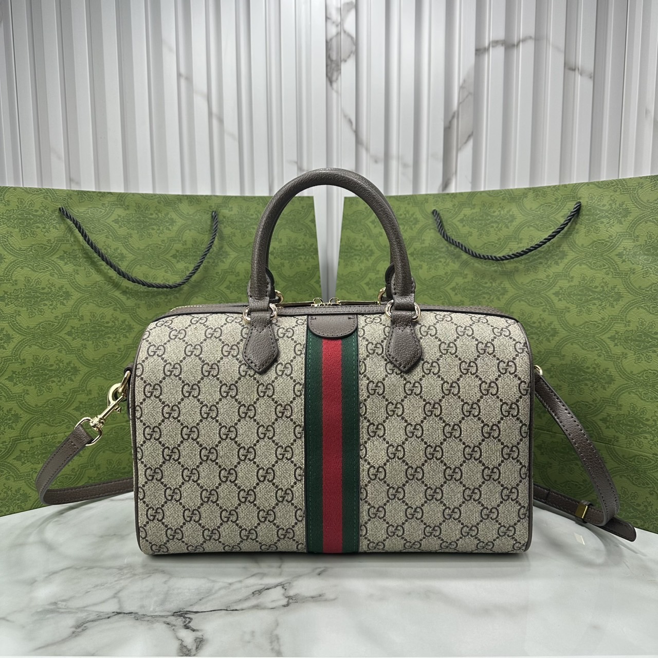 ORI หนังแท้ | Gucci Ophidia boston bag GG Monogram Double G / Gucci Keepall Bag กระเป๋าสะพายทรงหมอนบอสตัน รูปทรงใช้งานง่าย ฟังก์ชั่นการใช้งานที่ได้รับการตีความใหม่