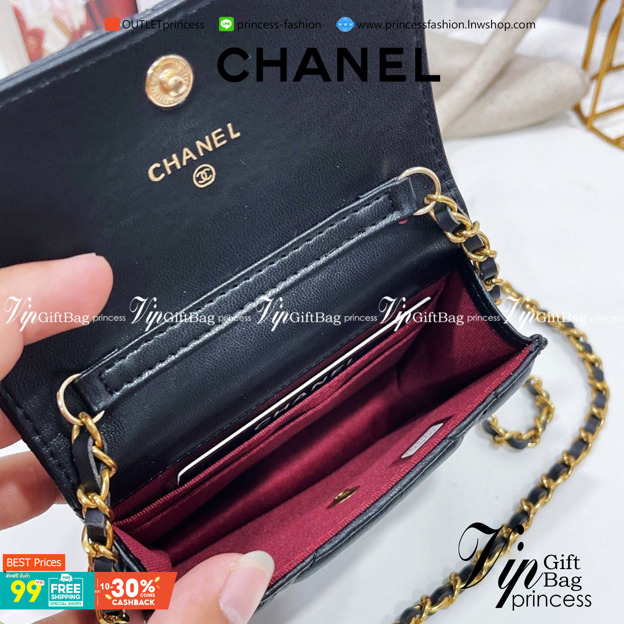 VIP 】CHANEL BLACK WALLET MINI BAG VIP GIFT WITH PURCHAS-GWP รุ่นยอดนิยมไอเท็มฮิตวัสดุหนังคาเวียร์สวยคลาสสิคเปิดปิดด้วยฝาปิดกระดุมด้านหน้ามีโลโก้แบรนด์อะไหล่ทองสวยหรูดูดีมาพร้อมสายโซ่ทองร้อยหนังจะสะพายไหล่ หรือ Crossbody ก็ดูดี ภายในมีโลโก้และช่องแบ่งสามาร