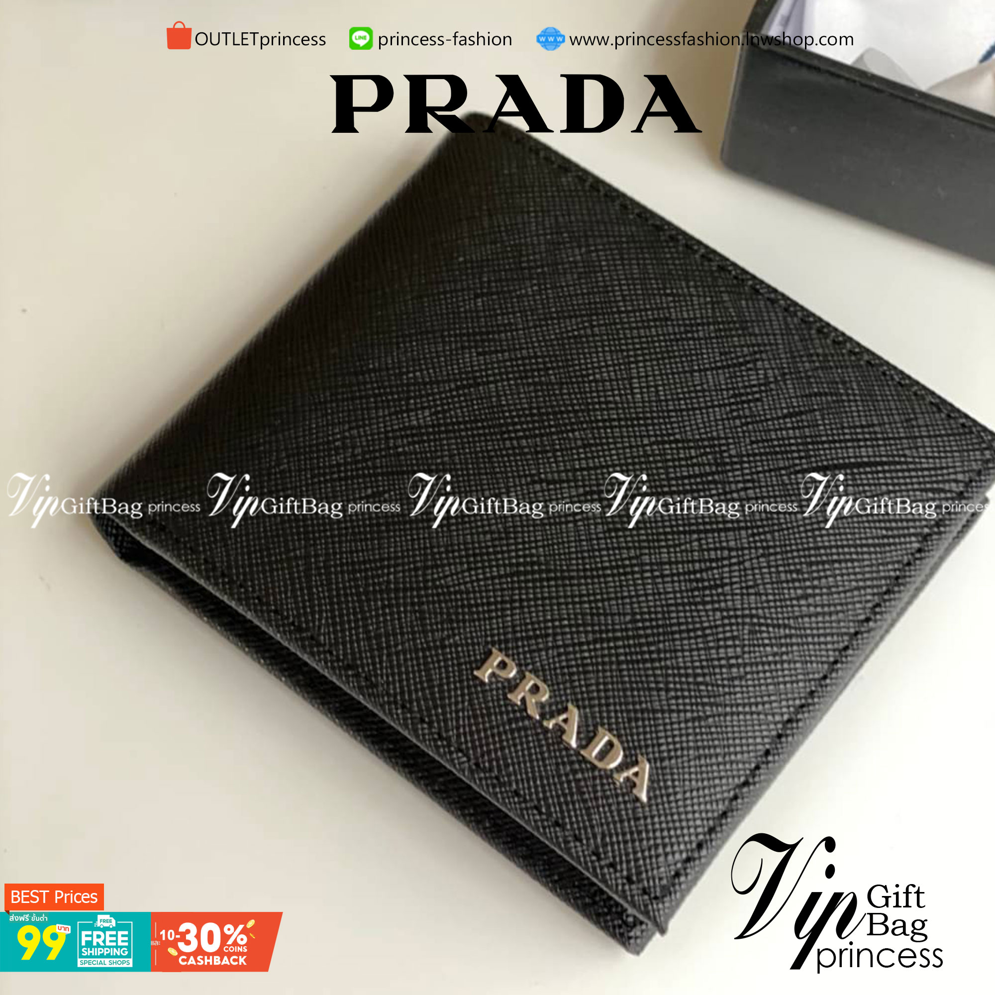 VIP หนังแท้ 】PRADA logo bifold men wallet