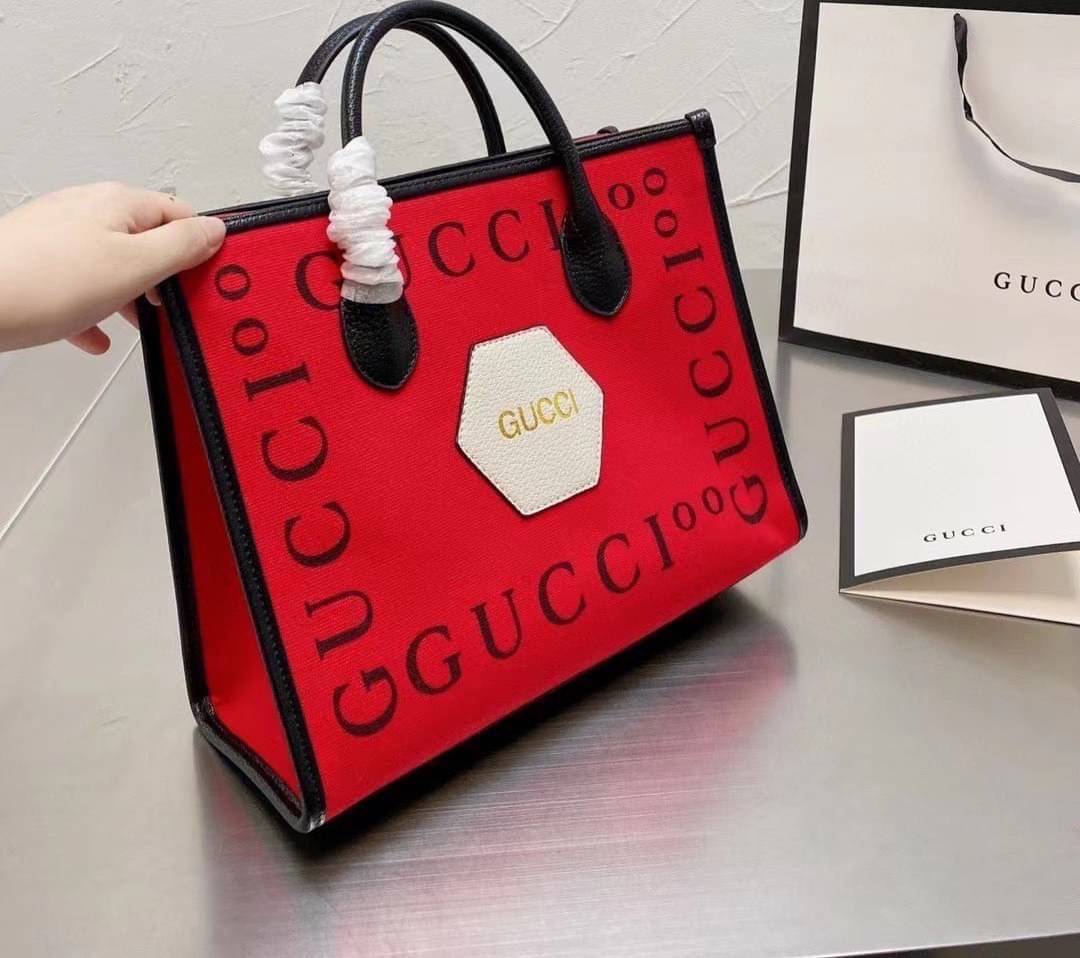 VIP 】Gucci 100 small tote bag Hibiscus red felt with Gucc100 print Black leather พร้อมส่งที่ไทย