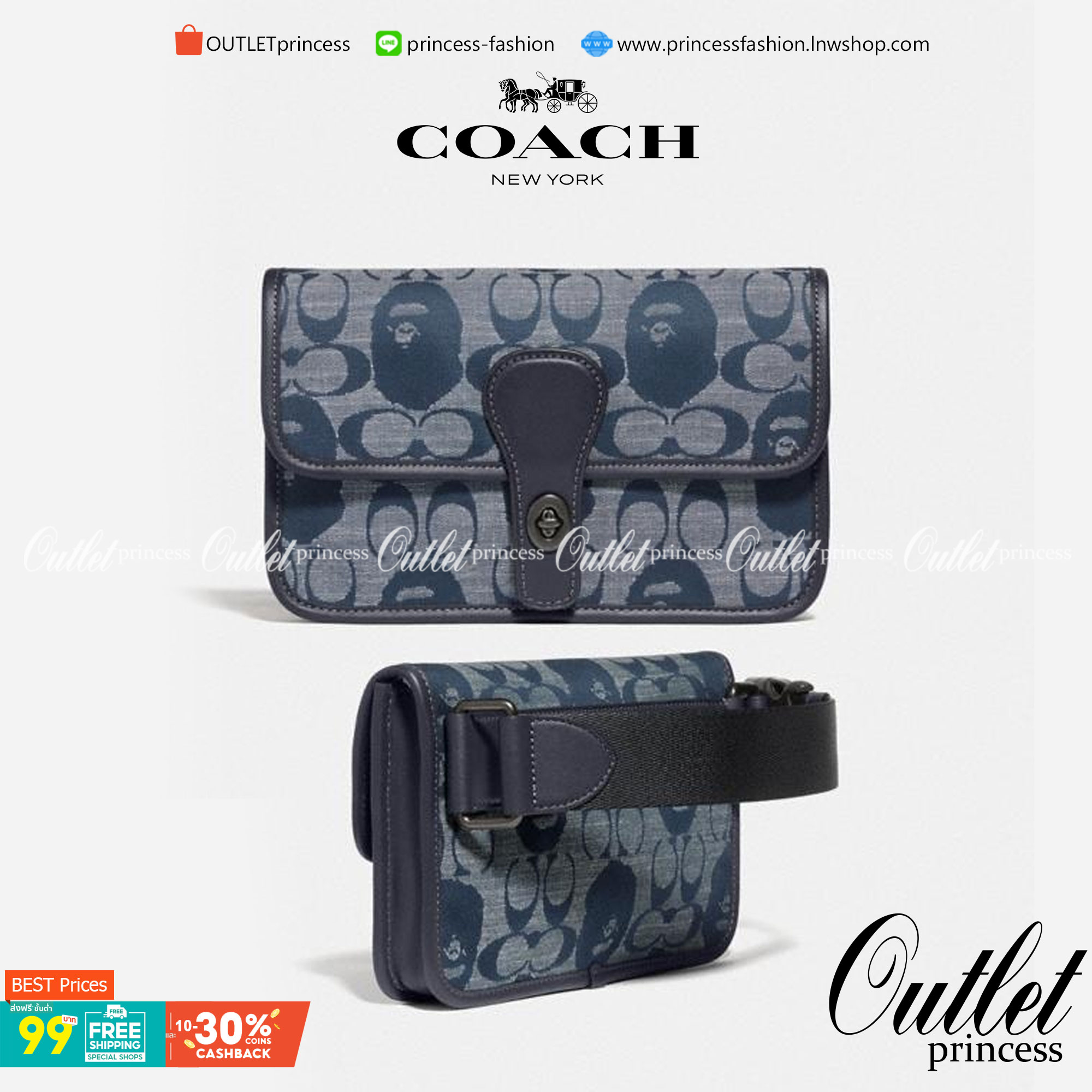 OUTLET 】COACH Bape X Coach Turnlock Tab Belt Bag In Signature Chambray พร้อมส่งที่ไทย