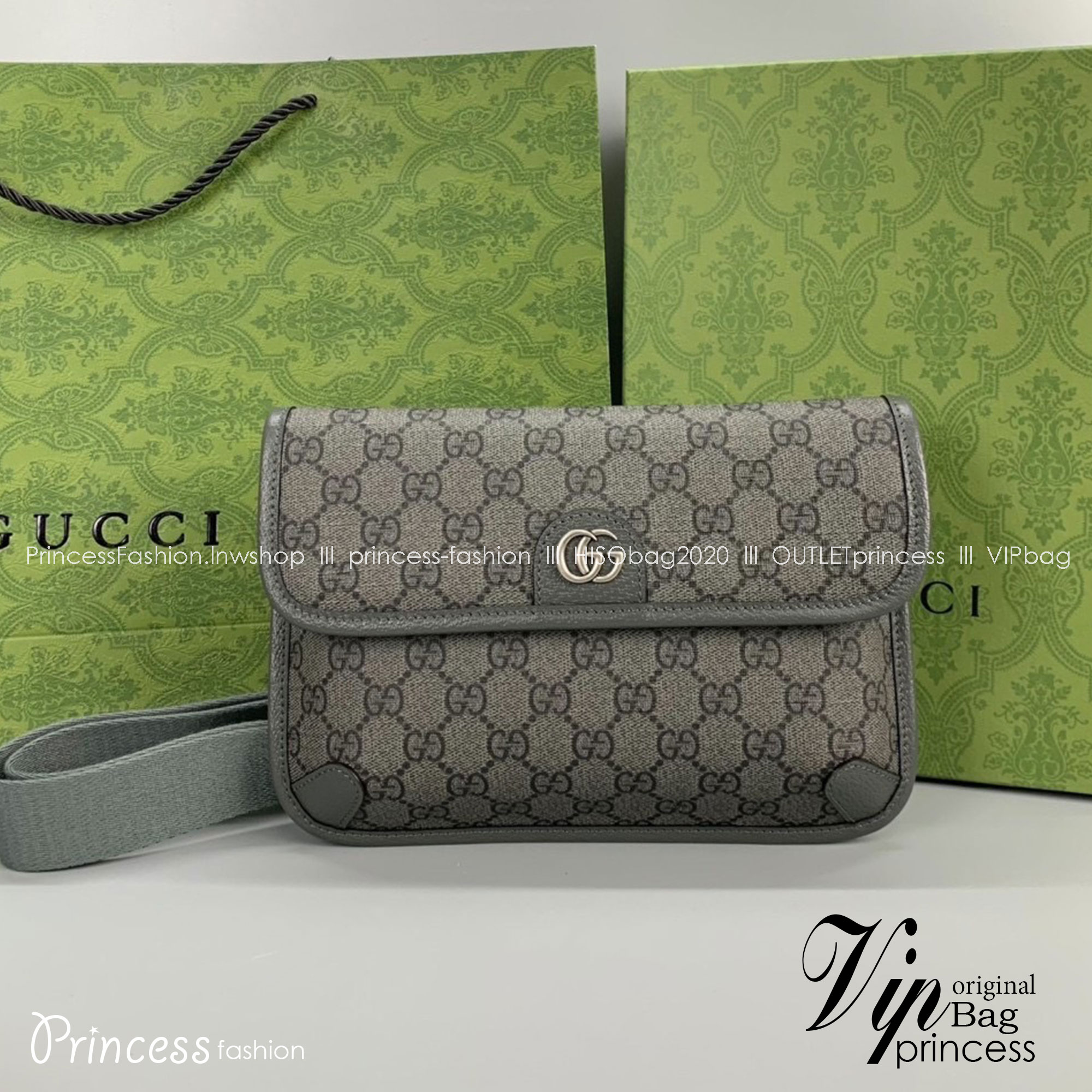 GUCCI OPHIDIA GG SMALL BELT BAG GRAY กระเป๋าคาดเอวสีเทา หนังแท้ผสมแคนวาส เกรดออริจินอล 1:1 สลับแท้ ใช้งานต่างประเทศได้