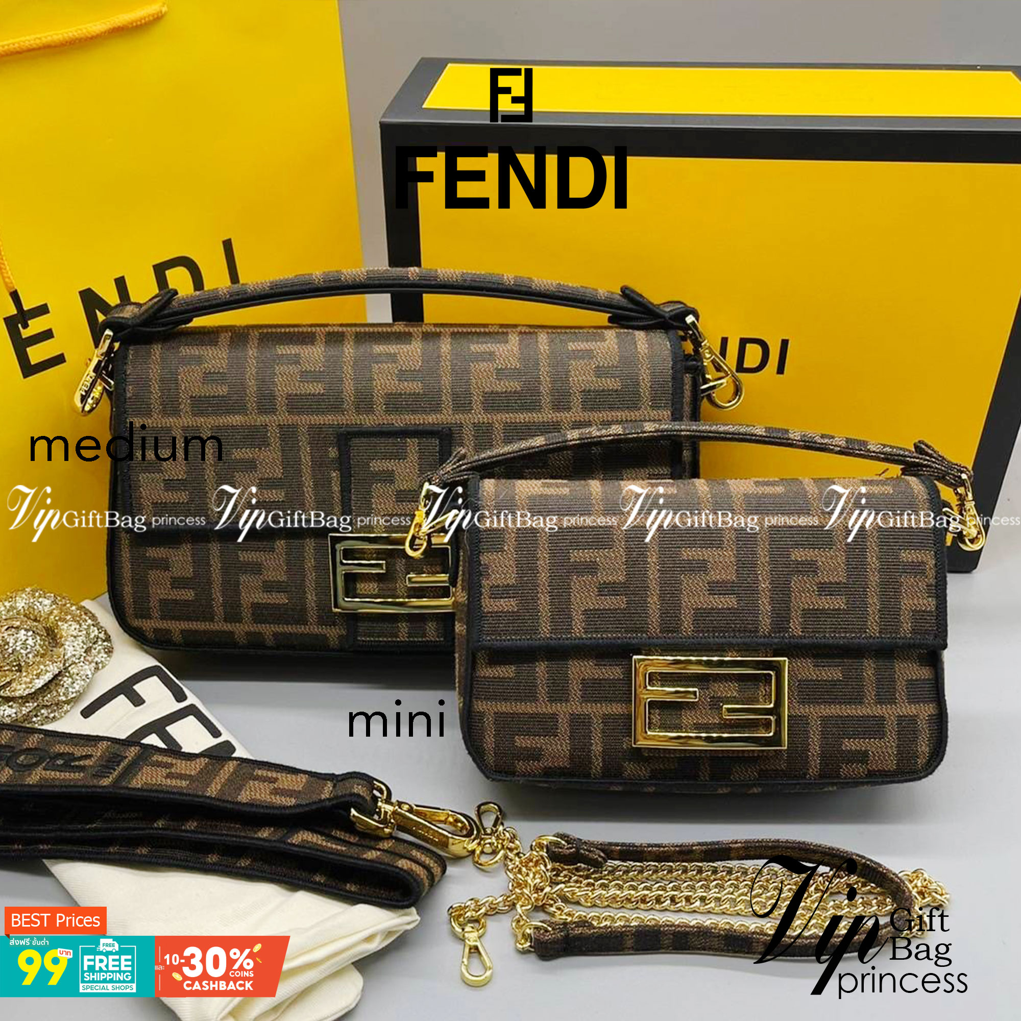 MINI || FENDI VINTAGE BAGUETTE SHOULDER BAG 2size ORI Grade ใช้งานต่างประเทศได้ กระเป๋าสะพายทอลายโมโนแกรม อะไหล่ทองหรูหรา มี 2 ขนาด ทนทาน มาพร้อมสาย 2 แบบ สำหรับคล้องแขน และสายครอสบอดี้ เปิด-ปิดด้วยกระดุมแม่เหล็ก ภายในเป็นช่องโล่ง ใส่โทรศัพท์ พร้อมเสิร์ฟค