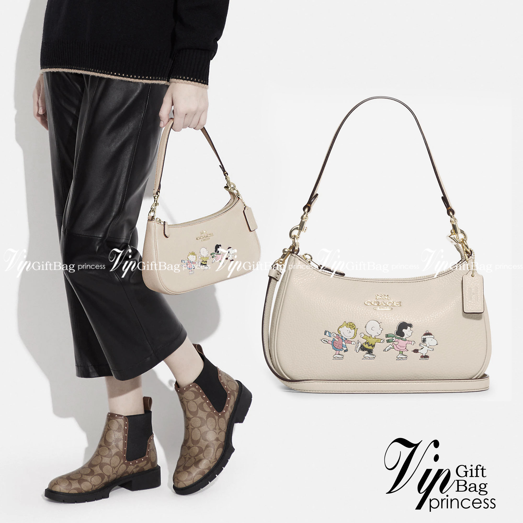 Coach X Peanuts Teri Shoulder Bag With Snoopy And Friends Motif CE861 คอลเลคชั่นสุดคิ้วท์ ไม่ให้ช้อปยังไงไหว!! กับกระเป๋าสะพายไหล่กึ่งทรงพอช พร้อมเสิร์ฟความสวยถึงบ้านไปเลยก่อนใคร แบบไม่ต้องพรีฯ ด้วยดีไซน์ลวดลายกาน์ตูนยอดฮิต มาพร้อมสายสะพาย 2 เส้น