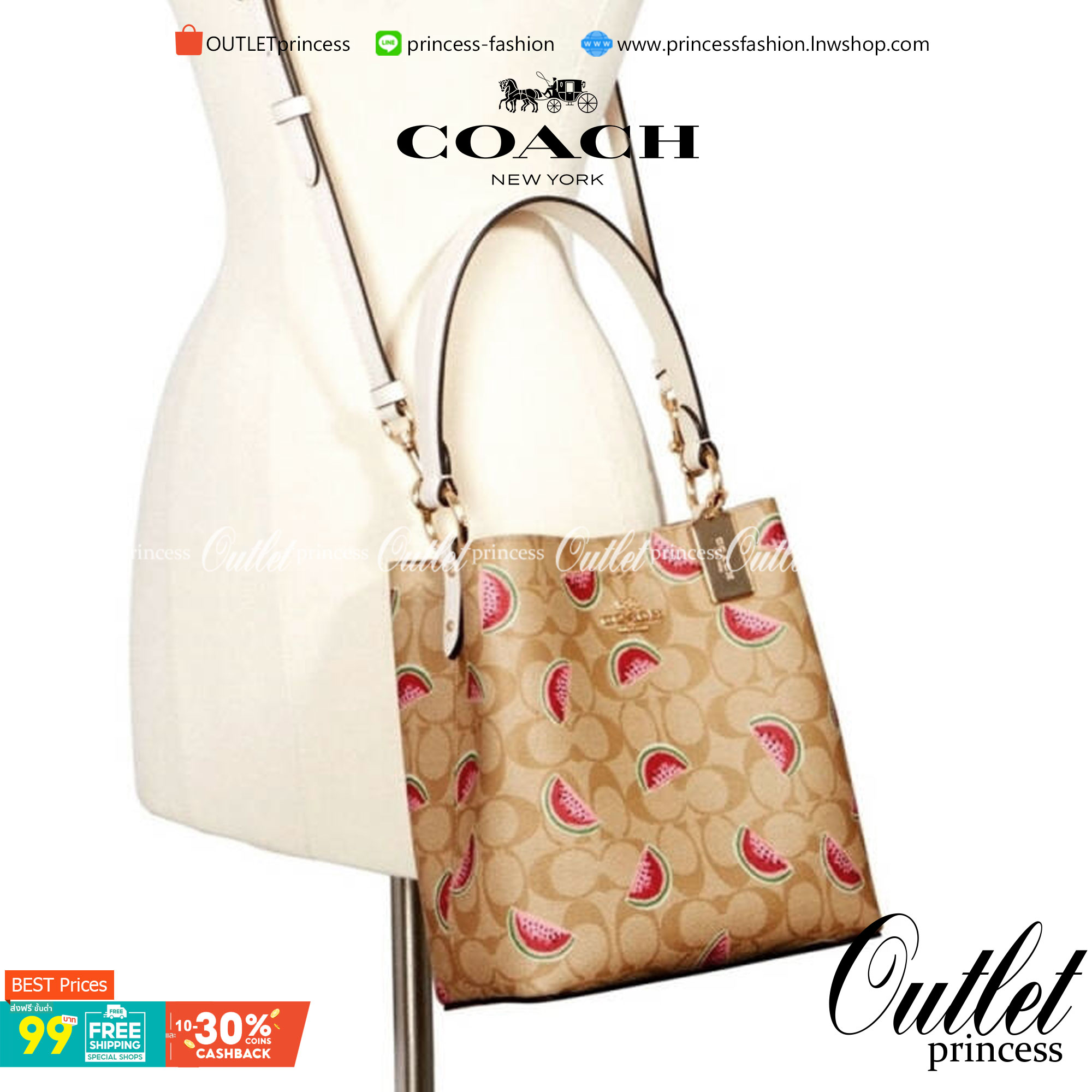OUTTLET 】COACH SMALL TOWN BUCKET BAG IN SIGNATURE CANVAS WITH WATERMELON PRINT
