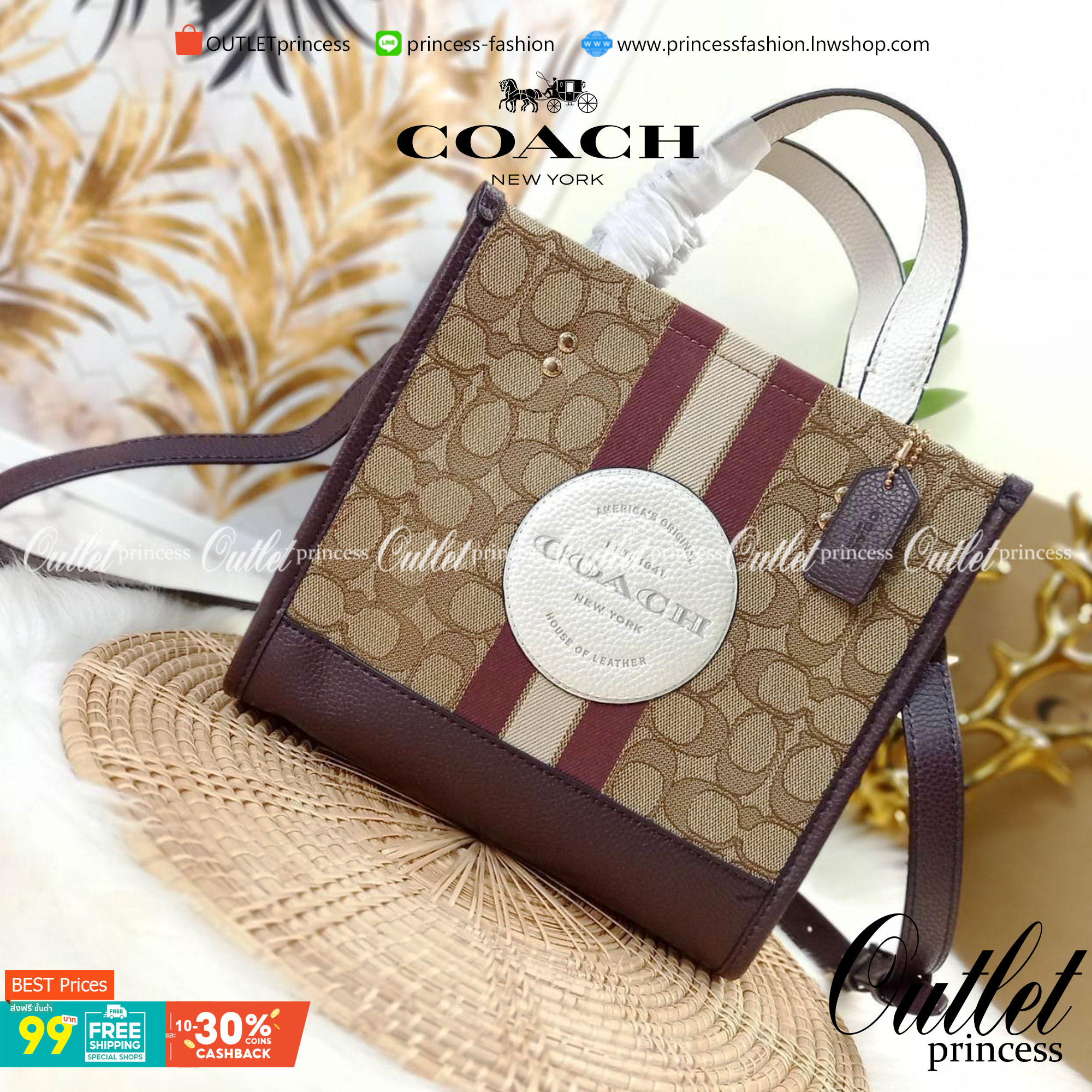 OUTLET 】COACH DEMPSEY TOTE 22 IN SIGNATURE JACQUARD WITH STRIPE AND COACH PATCH (C8406) สีใหม่ น่าใช้อีกแล้ววว 🌺กระเป๋าTOTE ทรงฮิตขนาดกำลังดี มีสายสะพายยาว ถอดได้ ปรับระดับได้ //ลุคไหนๆจัดว่าเกิดทุกงาน //วัสดุ Jacquard ทอลาย signature คาดแถบสีด้าน