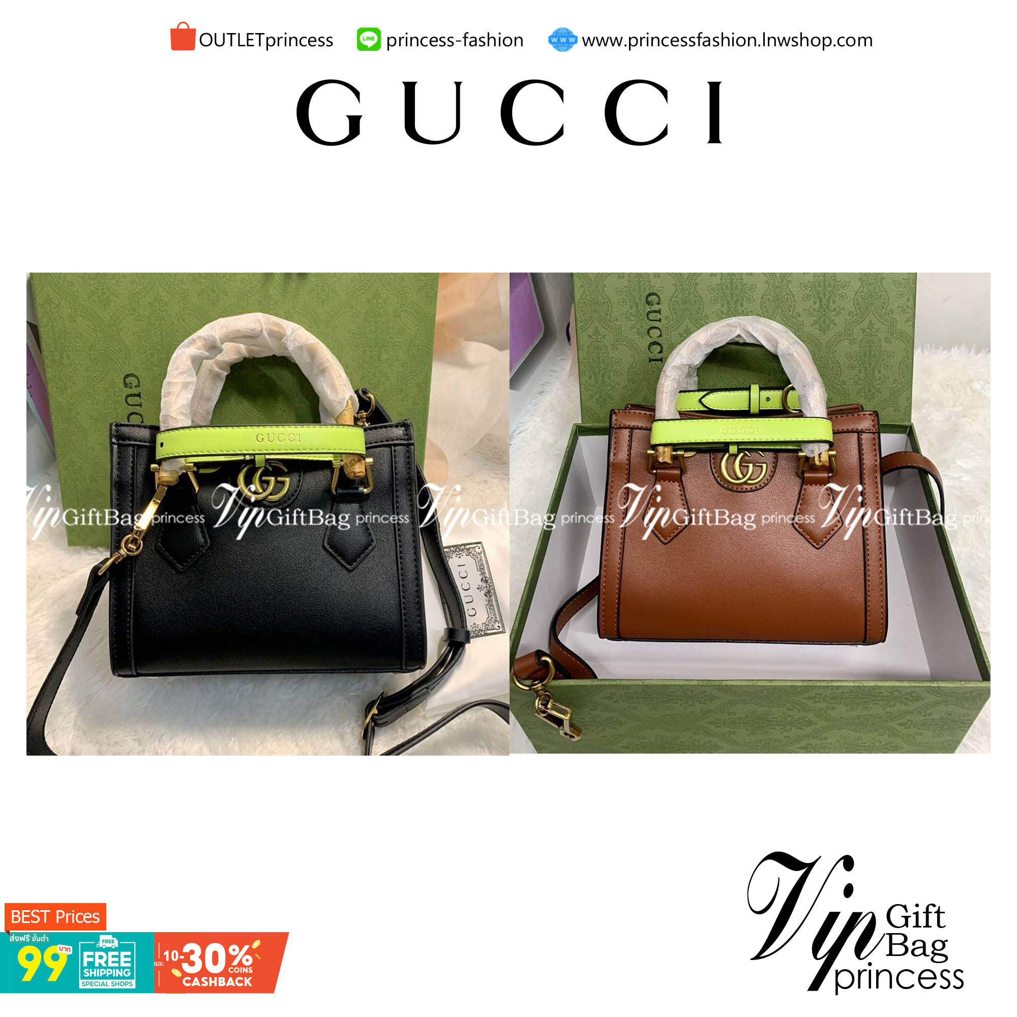 กระเป๋า GUCCI สไตล์งานหูไม้ไผ่ Size mimi รุ่น Gucci Diana Bag กระเป๋าสุดคลาสสิกดีไซน์มาใหม่พร้อมเข็ดขัดหนังสีสะท้อนแสงประดับตรงหูกระเป๋า กระเป๋าทรง tote วัสดุหนังแท้ (calfskin) อะไหล่ทอง ขนาดกำลังดี งานสวยตั้งอยู่ทรง มีสายสะพายยาว 1เส้น สามารถปรับระดับได้