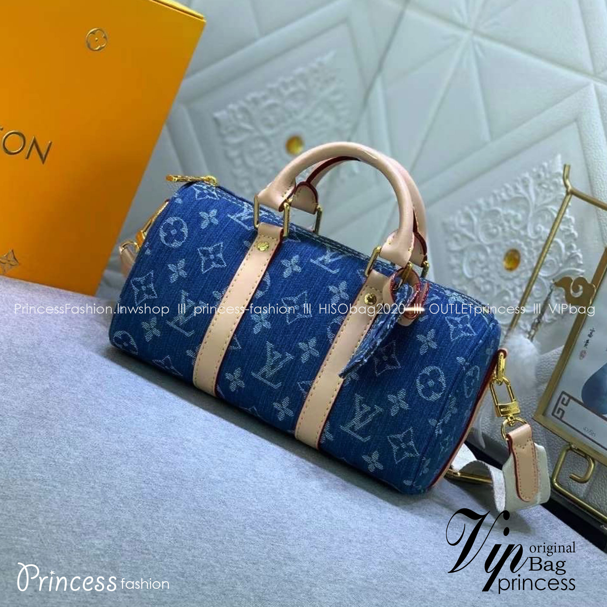 LV Keepall Bandouliere 25 Monogram Denim Canvas กระเป๋าสะพายใบเล็กเดนิมสุดเท่สายสปอร์ต เกรดออริ 1:1 ใช้งานต่างประเทศได้