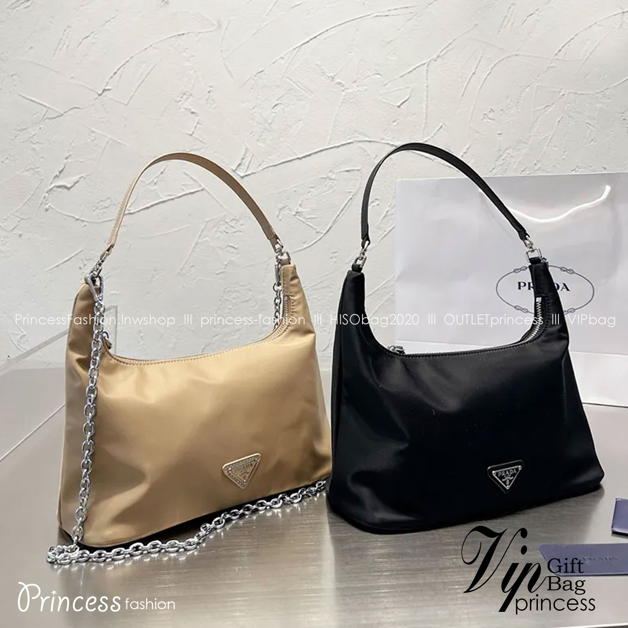 PRADA nylon shoulder bag กระเป๋าถือ/สะพายไหล่ พร้อมสายสะพายยาวโซ่สีเงินถอดได้ ขนาดกำลังดี ราคาน่ารัก อีกไอเท็มสุดคุ้มที่ทุกคนต้องได้มีสวยก่อนใคร!