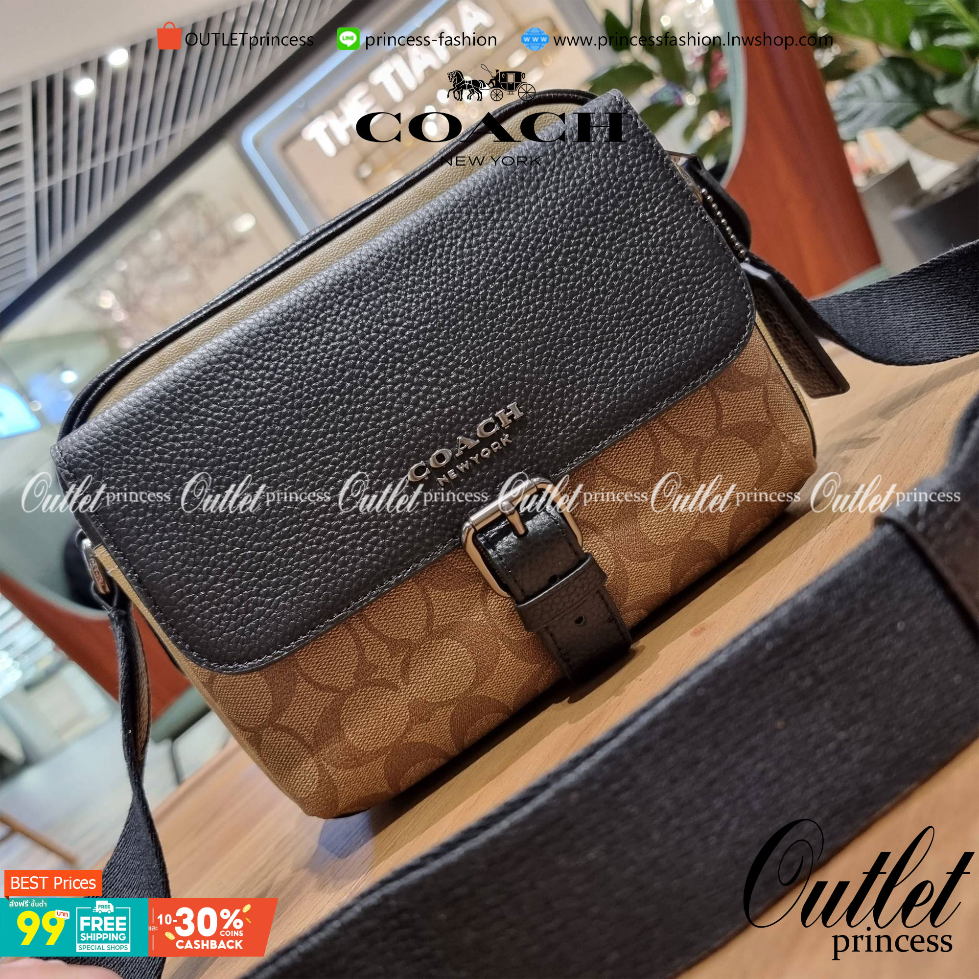 COACH C6080 HUDSON CROSSBODY IN BLOCKED SIGNATURE CANVAS ยกความคูลมาให้หนุ่มๆถึงที่!! ไอเท็มเด็ดหายาก กระเป๋าสะพายข้างดีไซน์ตัดสี เท่ไม่ซ้ำ วัสดุหนังแคนวาสสลับหนัง pepble ทนทาน ใช้งานง่าย ด้วยฝาปิดแบบกระดุมแม่เหล็กด้านหน้า และซิปที่ช่องหลัก ใช้ของได้เลยแบ