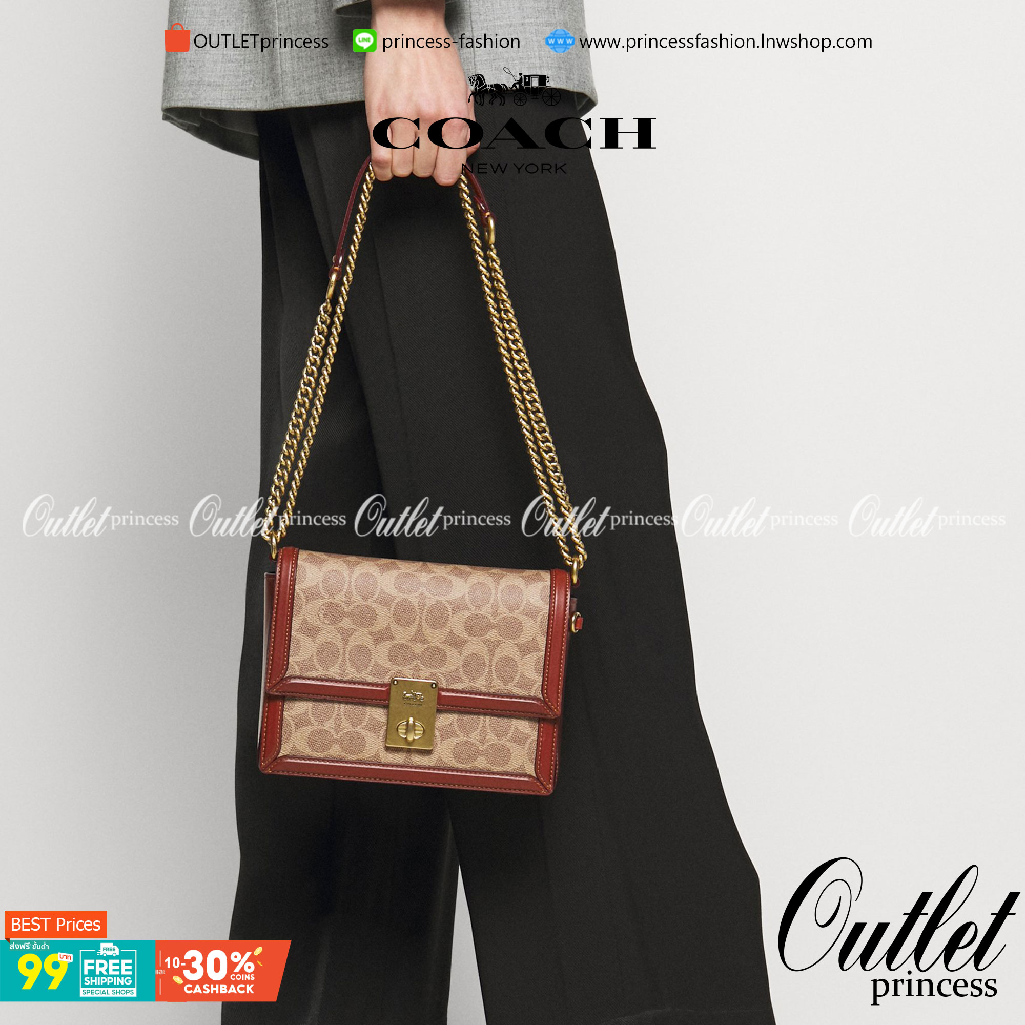 COACH 3492 HUTTON SHOULDER BAG IN SIGNATURE CANVAS sold out ไปกันทั่วหน้าในหลายประเทศ กับกระเป๋าสะพายที่สุดของความหรู ดีไซน์คลาสสิควินเทจ ลูกเล่นสีแทนสนิมตัดกับอะไหล่สีทองเหลืองดูย้อนยุคและหรูหรา วัสดุหนังแคนวาสสลับหนังแท้ สายสะพายโซ่สลับหนัง ปรับสะพายได้