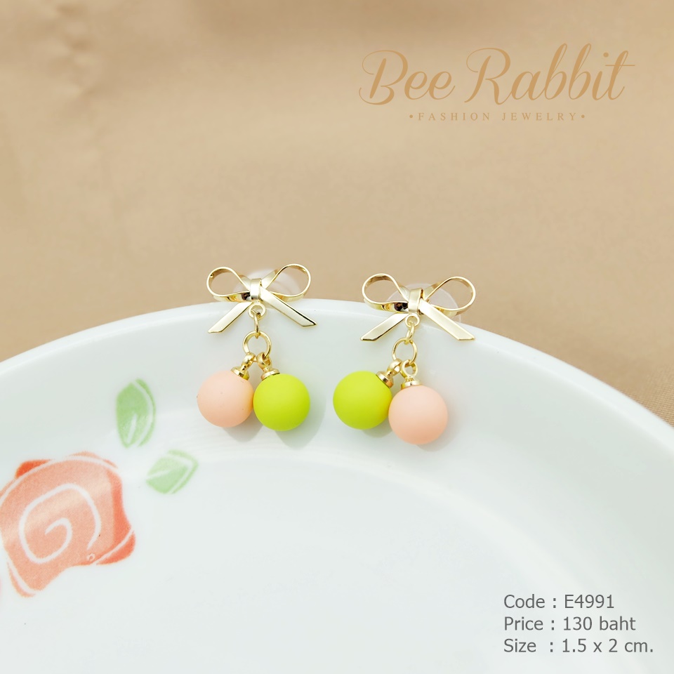 ต่างหูโบว์สีทอง ตุ้งติ้งลูกปัดสีพาสเทลเนื้อด้าน ก้านเงินแท้