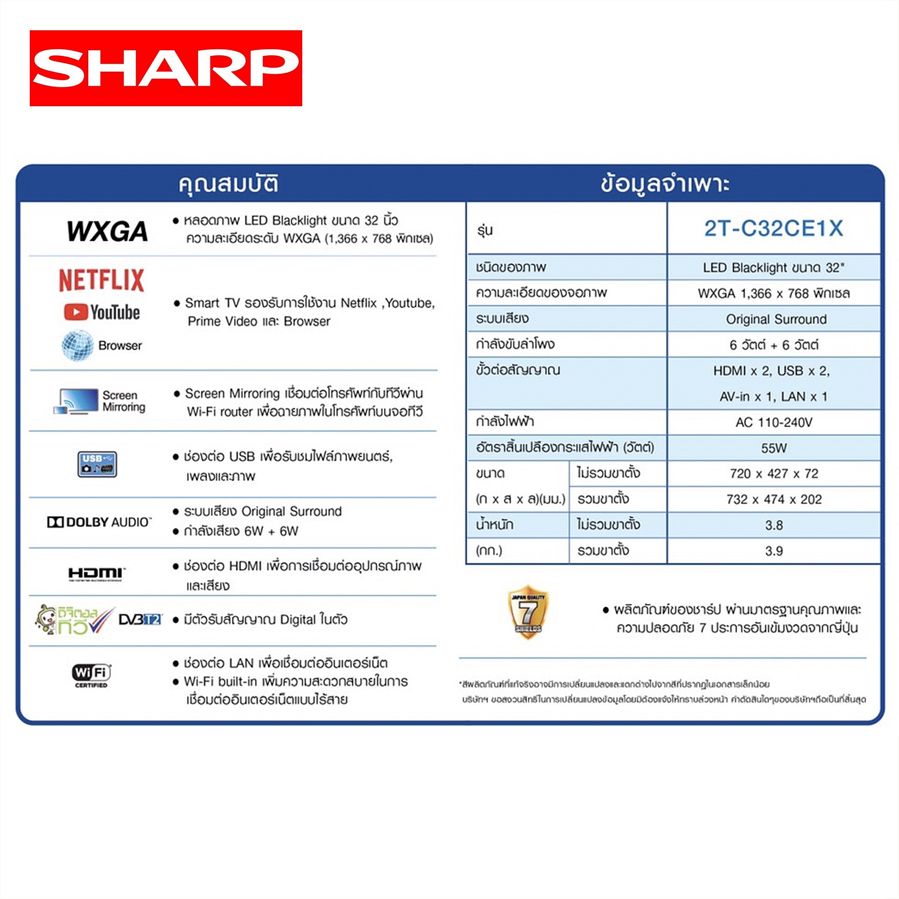 TV SHARP LED HD SMART ขนาด 32 นิ้ว รุ่น 2T-C32CE1X ลดราคาถูกสุดๆ โทรเล้ยย 02-4245594, 085-3801177, 081-6215561