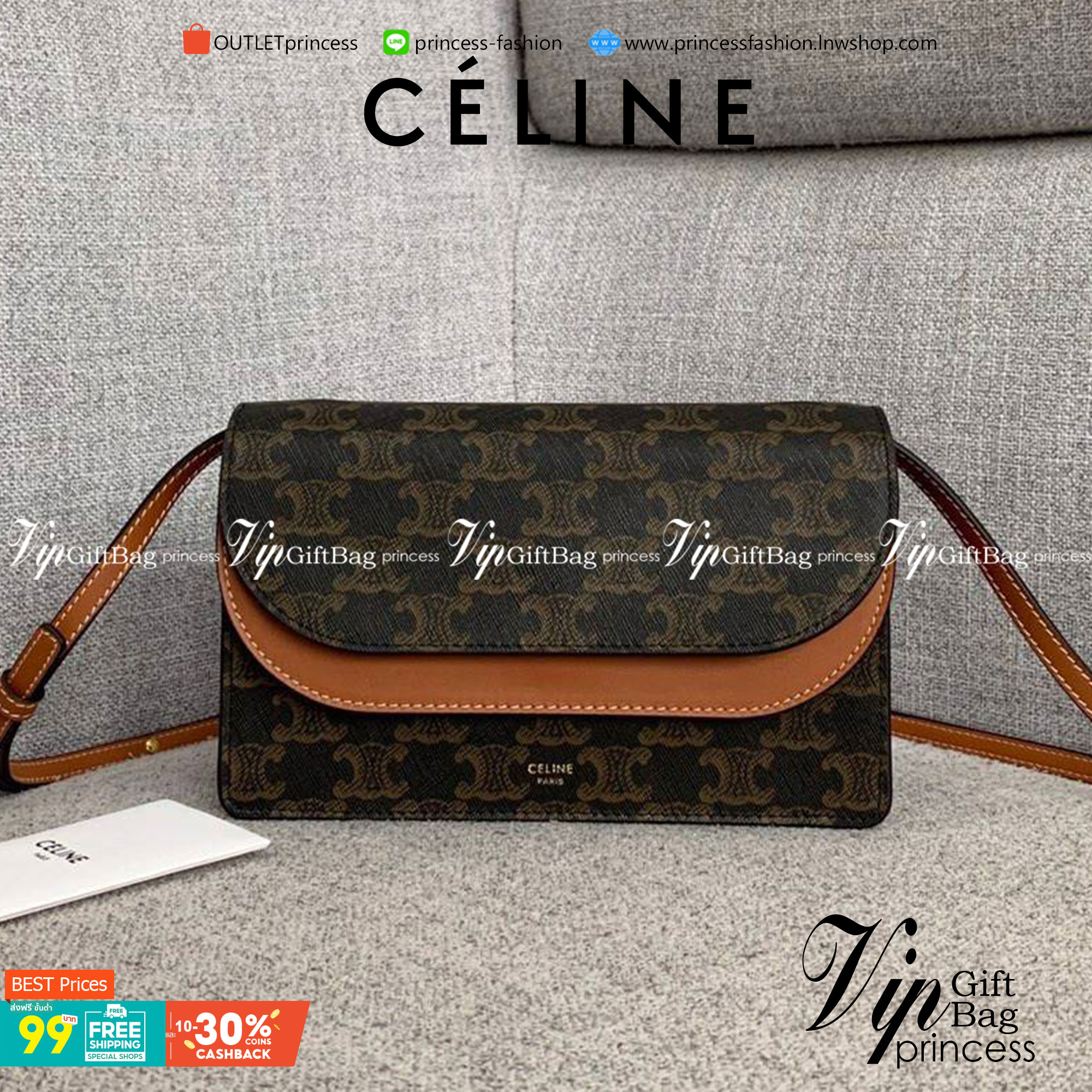 VIP 】หนังแท้ CELINE TRIOMPHE CLUTCH VIP GIFT CELINE IN TRIOMPHE CANVAS AND SMOOTH LAMBSKIN WALLET ON STRAP BAG กระเป๋าทรงสี่เหลี่ยมผืนผ้าหนังสวยหรูอยู่ทรงเปิดปิดด้วยฝาปิดกระดุม2ชั้น ภายในมีช่องแบ่งหลายช่องเป็นสัดส่วน สามารถใส่มือถือของใช้จุกจิกได้เยอะ มาพ