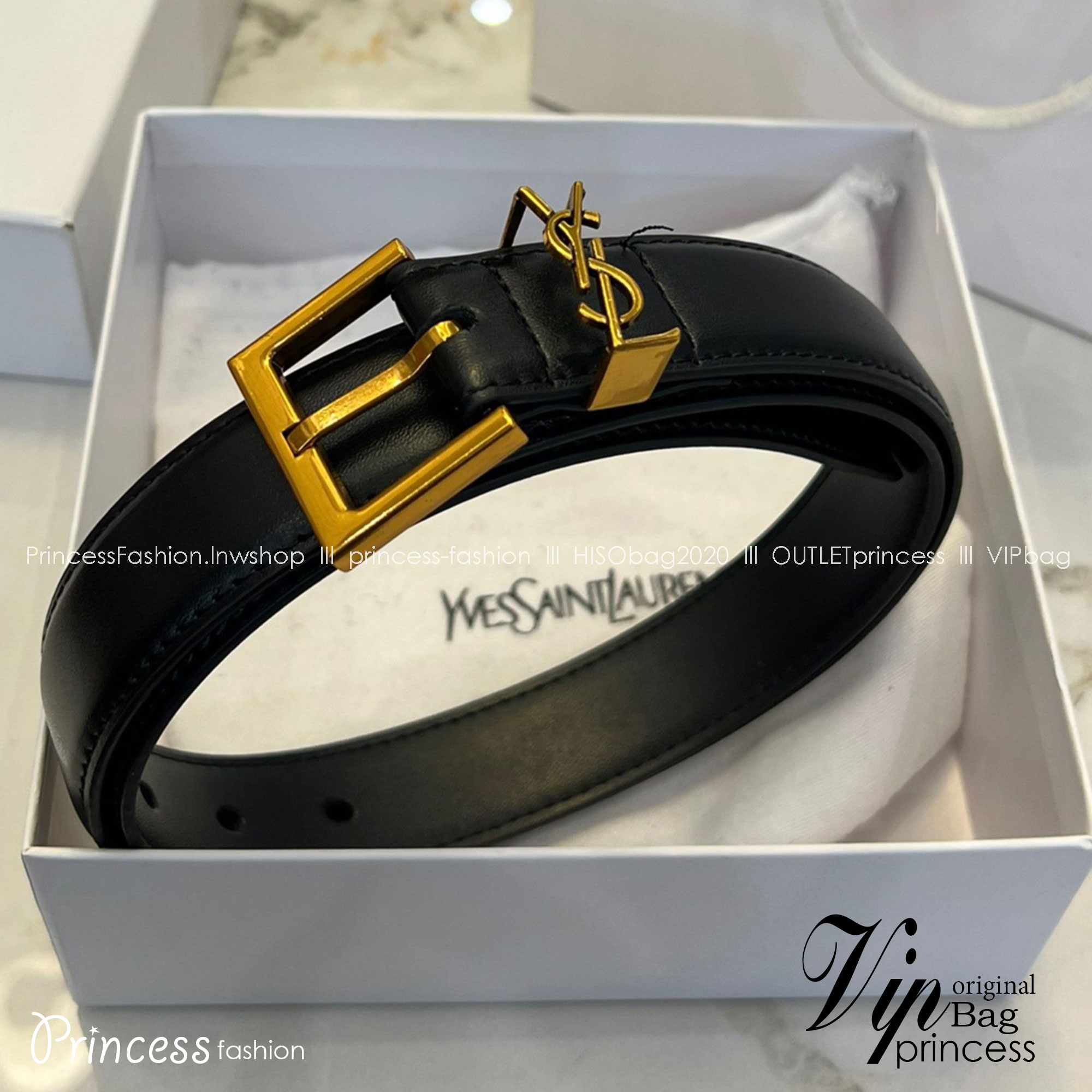 YSL 3D LOGO LEATHER BELT / YSL BELT เข็มขัดหนังเรียบสไตล์วินเทจ ขนาดกำลัง หัวเข็มขัด3Dโลโก้แบรนด์สีทองวินเทจ