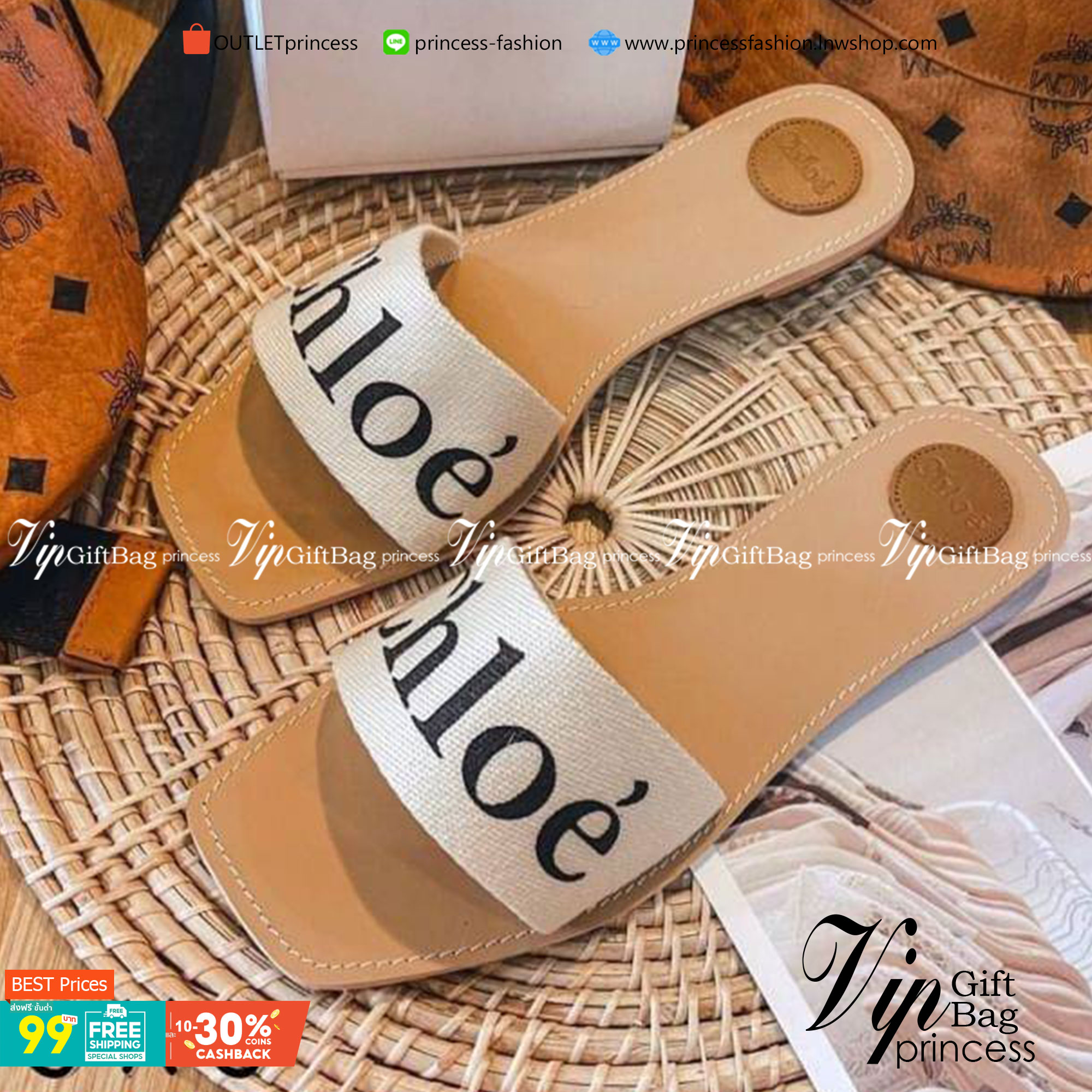 Chloe Sandals แตะสวม เรียบหรู วัสดุผ้าแคนวาส สกรีนแบรนด์ แมทส์ชุดง่าย น้ำหนักเบา