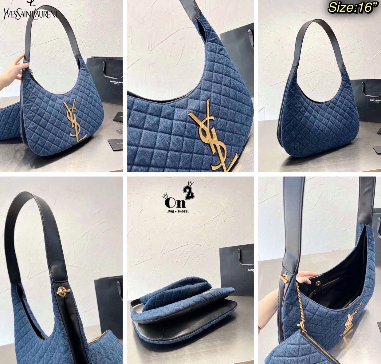 YSL Icare Maxi Shopping Bag In Quilted Lambskin 15" / YSL Icare Maxi Denim กระเป๋าสะพายใบใหญ่ มาพร้อมใบเล็ก หนังบุเย็บลายตาข่าย (Quilted Bag) ดีไซน์โฉบเฉี่ยวกว่าหลายระดับด้วยการประดับฮาร์ดแวร์ทองเหลืองในตัวอักษร Y.S.L สะดุดตา มอบสไตล์เรียบง่ายแต่คลาส