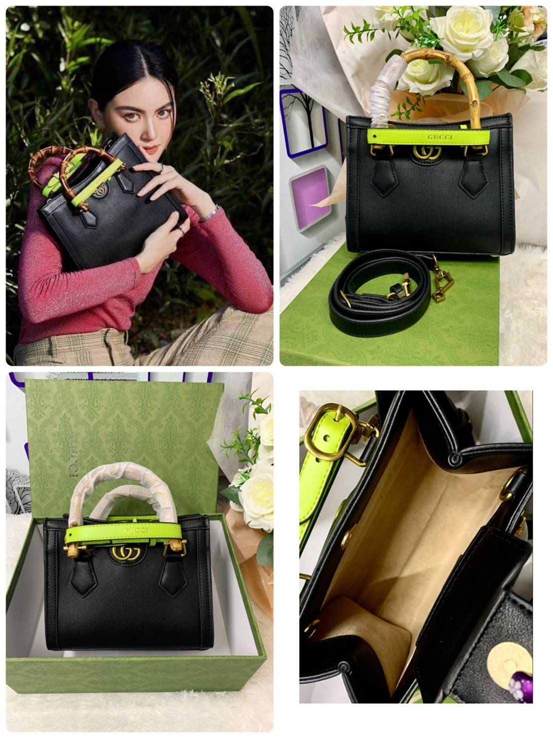 กระเป๋า GUCCI สไตล์งานหูไม้ไผ่ Size mimi รุ่น Gucci Diana Bag กระเป๋าสุดคลาสสิกดีไซน์มาใหม่พร้อมเข็ดขัดหนังสีสะท้อนแสงประดับตรงหูกระเป๋า กระเป๋าทรง tote วัสดุหนังแท้ (calfskin) อะไหล่ทอง ขนาดกำลังดี งานสวยตั้งอยู่ทรง มีสายสะพายยาว 1เส้น สามารถปรับระดับได้