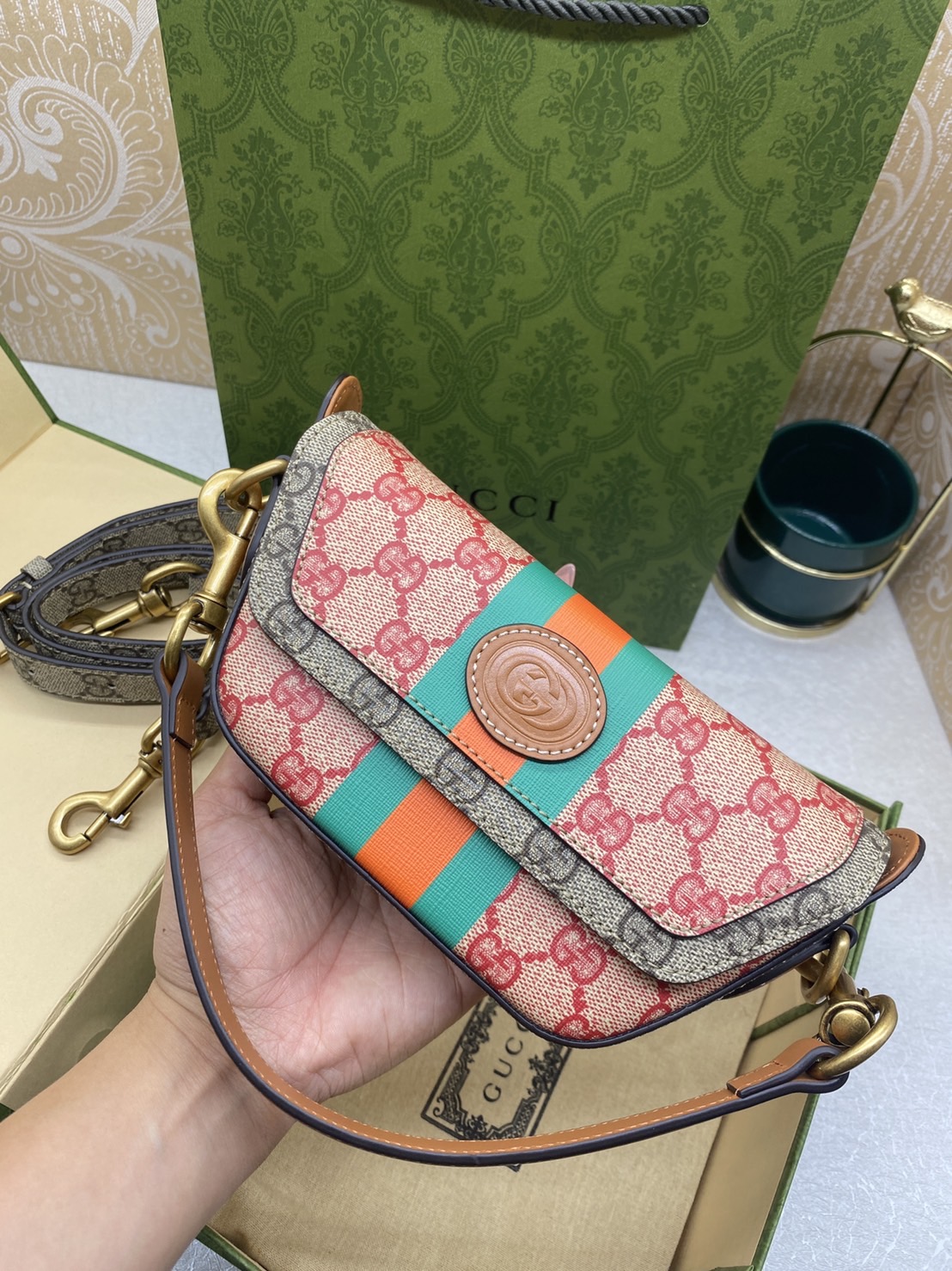 GUCCI GG top handle mini bag with Web เกรดเทพออริจินอล 1:1 ใช้งานต่างประเทศได้ รุ่นใหม่ล่าสุด ฉลองปีกระต่ายด้วยความสดใส เริ่มต้นปีกระต่ายและฤดูใบไม้ผลิอย่างสดใส GG