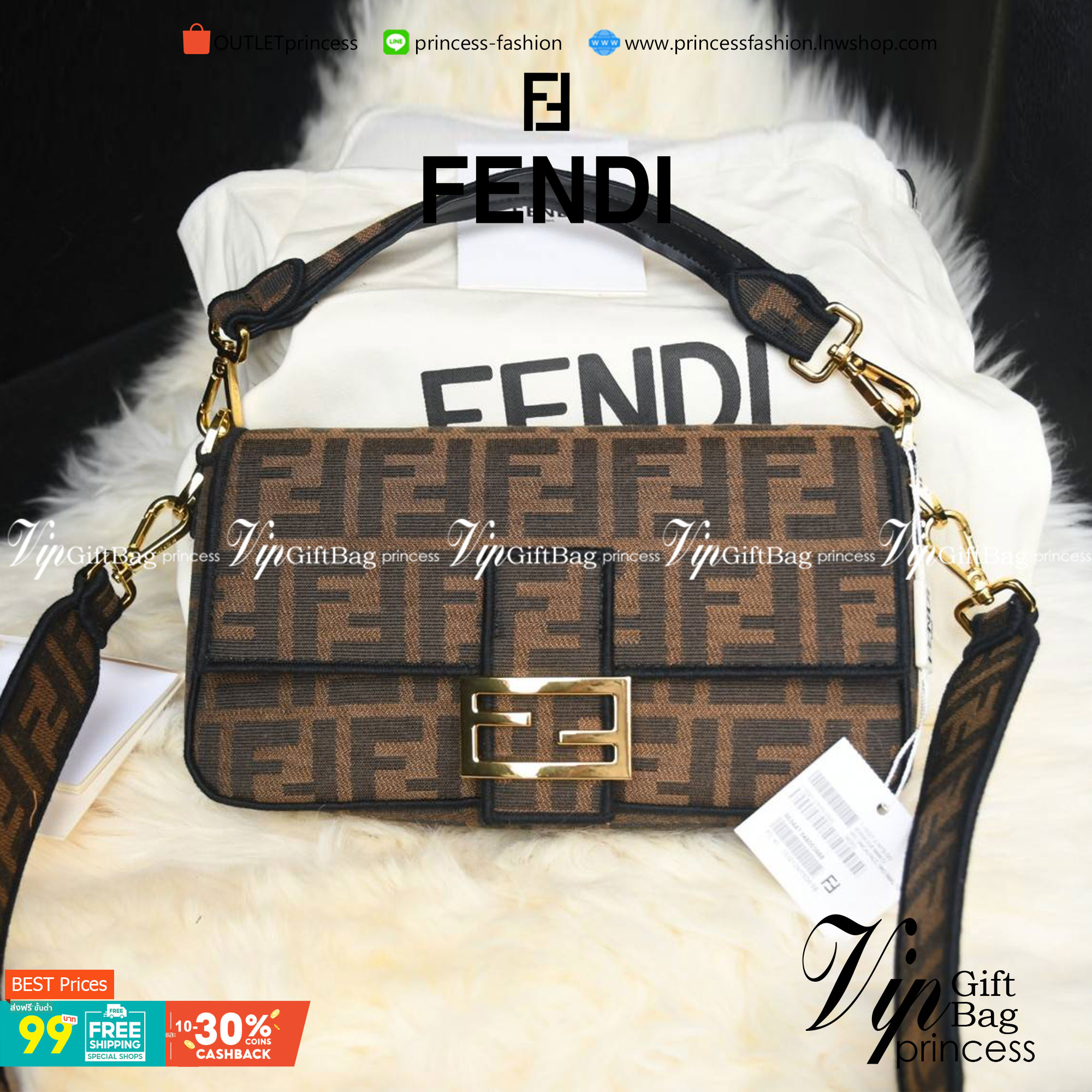 Fendi Baguette Brow Fabric bag กระเป๋าทรง Baguette ขนาดกลาง วัสดุ canvas ผ้าjacquard สีน้ำตาลพร้อมลวดลาย FF ขลิบด้วยลายปักสีดำโดดเด่นอะไหล่ทอง หรูหรา เปิด-ปิดด้วยตัวล็อคแม่เหล็ก มี1ช่องซิปด้านใน มี2สาย สายสั้นและสายยาว ถอดสายได้ สวยหรู ใบนี้ไม่ควรพลาดค่า