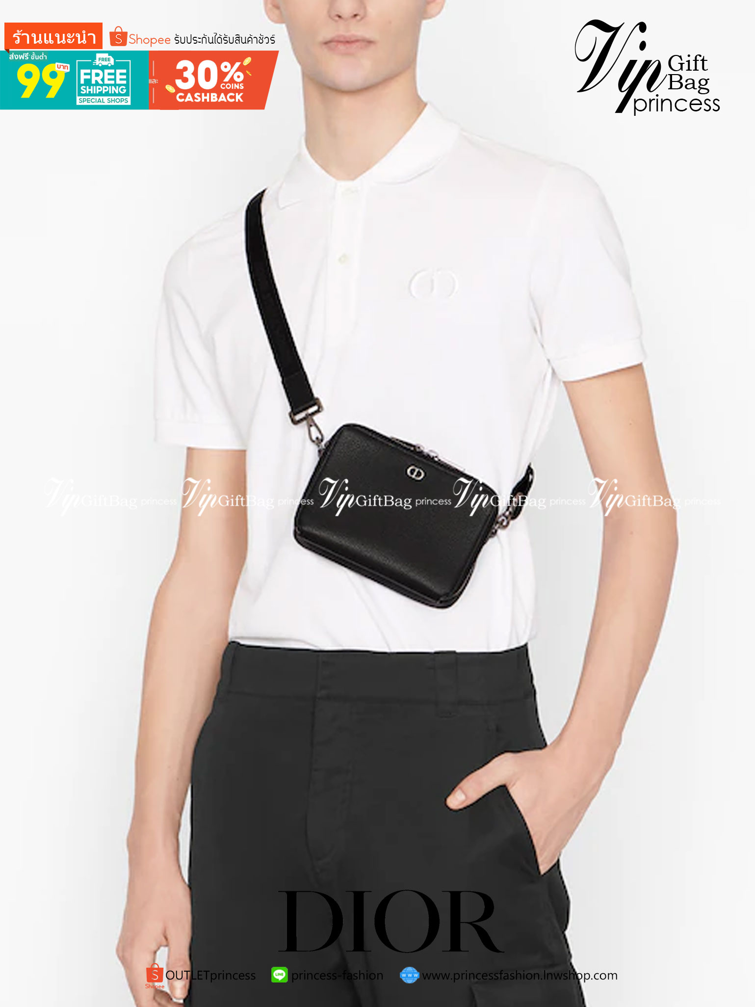 หนังแท้ CHRISTIAN DIOR BLACK GRAINED CALFSKIN POUCH WITH SHOULDER STRAP BAG พร้อมส่งที่ไทย เกรดออริจินอลหนังแท้ทั้งใบ ภาพสินค้าถ่ายจากงานขายจริง ใช้งานต่างประเทศได้