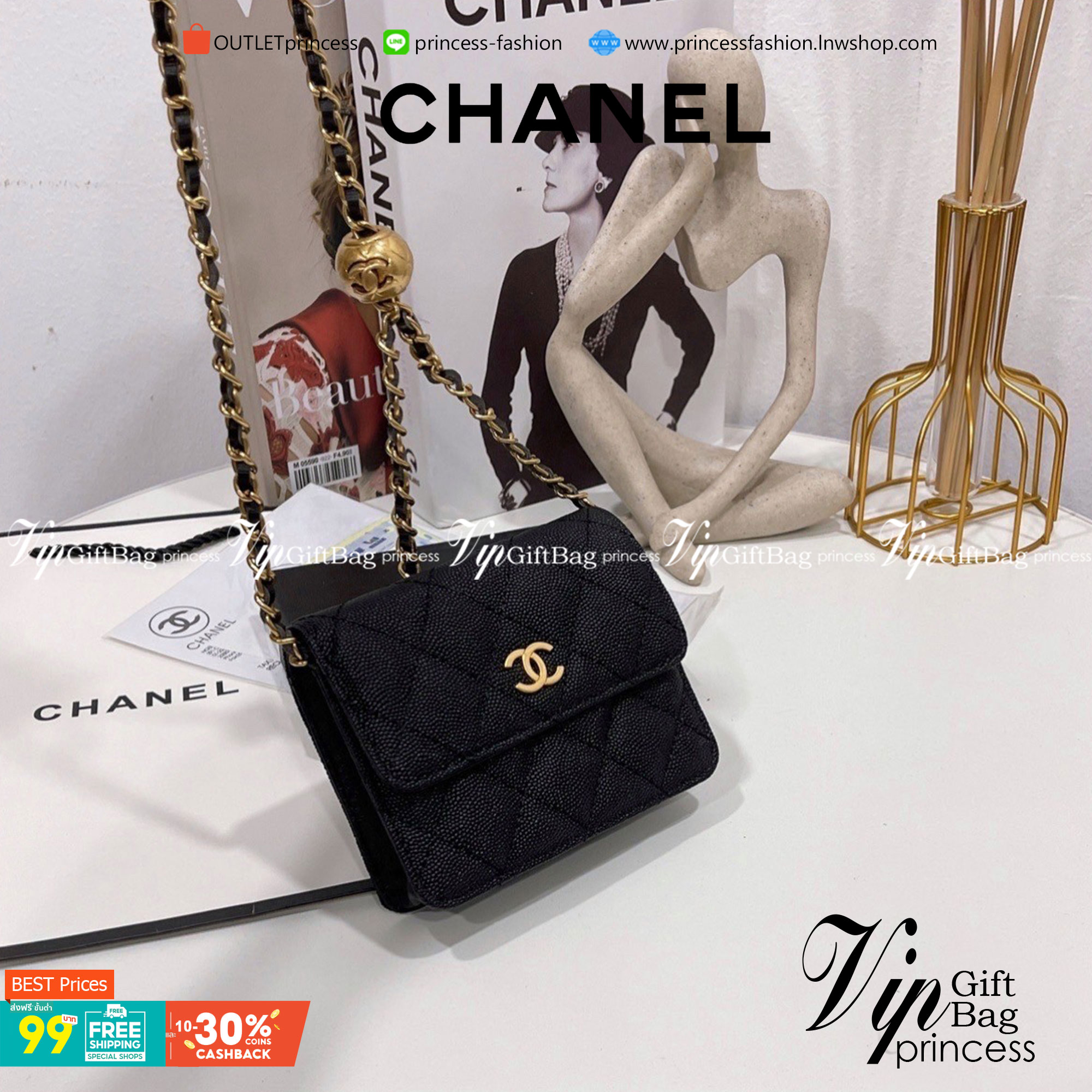 VIP 】CHANEL BLACK CAVIAR WALLET MINI BAG VIP GIFT WITH PURCHAS-GWP รุ่นยอดนิยมไอเท็มฮิตวัสดุหนังคาเวียร์สวยคลาสสิคเปิดปิดด้วยฝาปิดกระดุมด้านหน้ามีโลโก้แบรนด์อะไหล่ทองสวยหรูดูดีมาพร้อมสายโซ่ทองร้อยหนังจะสะพายไหล่ หรือ Crossbody ก็ดูดี ภายในมีโลโก้และช่องแบ