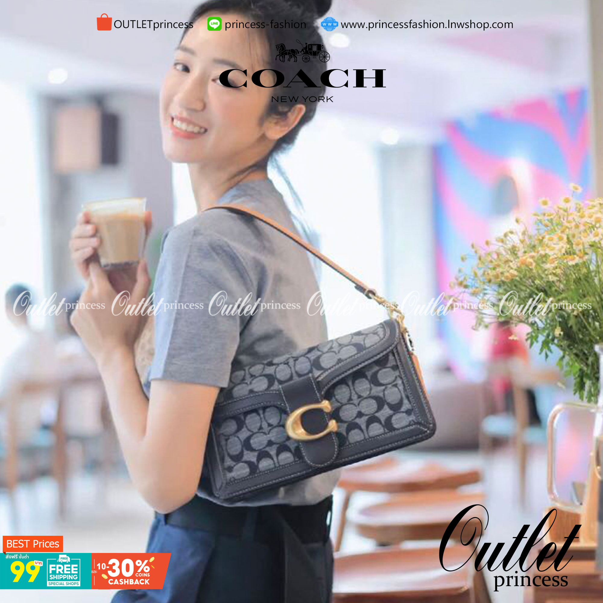 COACH Tabby Shoulder Bag 26 In Signature Chambray กระเป๋าหิ้วได้//คล้องไหล่ได้//สะพายข้างได้ วัสดุผ้าแคนวาสทอลายอย่างดี+หนังแท้ค่ะ เปิดปิดกระเป๋าแบบกระดุมแม่เหล็ก มีอะไหล่แบรนด์ตัวใหญ่ด้านหน้าหรูหราเลยทีเดียว ภายในกระเป๋ามีช่องหลักใส่ของ2ช่อง สามารถใส่กระ