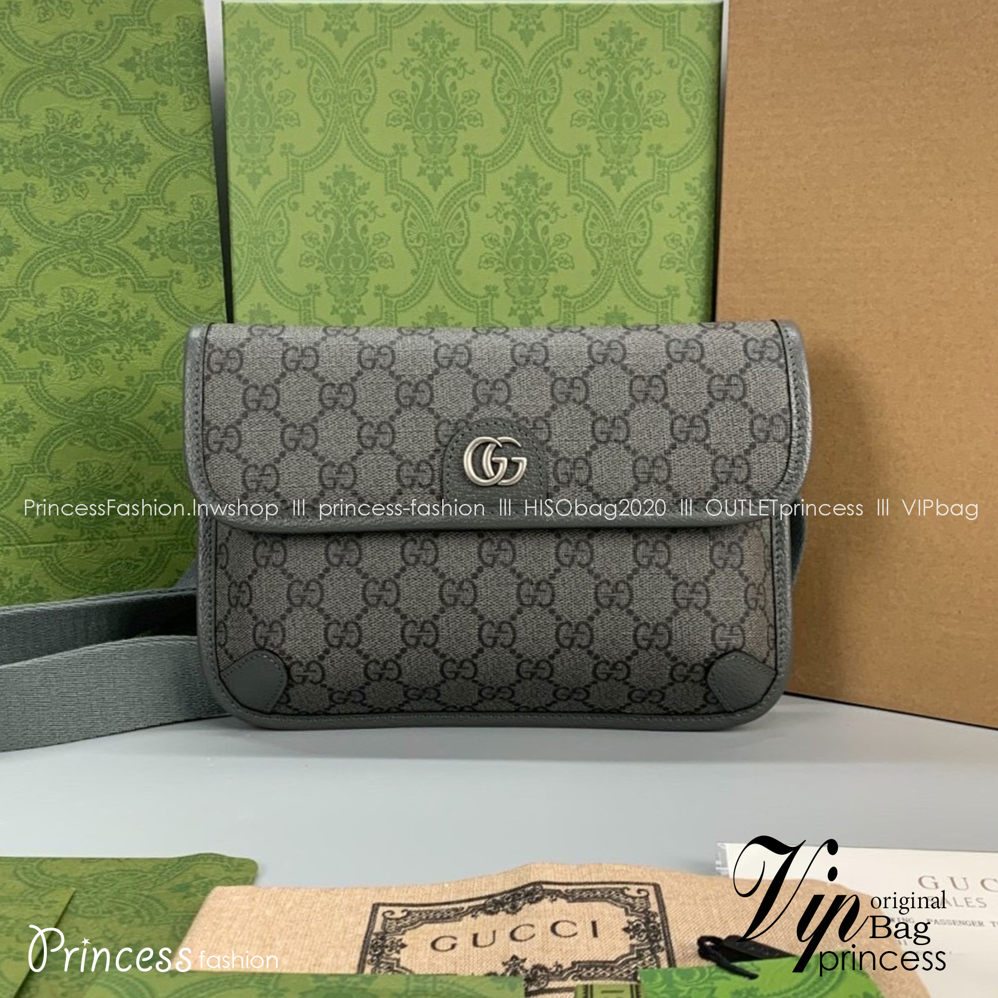 GUCCI OPHIDIA GG SMALL BELT BAG GRAY กระเป๋าคาดเอวสีเทา หนังแท้ผสมแคนวาส เกรดออริจินอล 1:1 สลับแท้ ใช้งานต่างประเทศได้