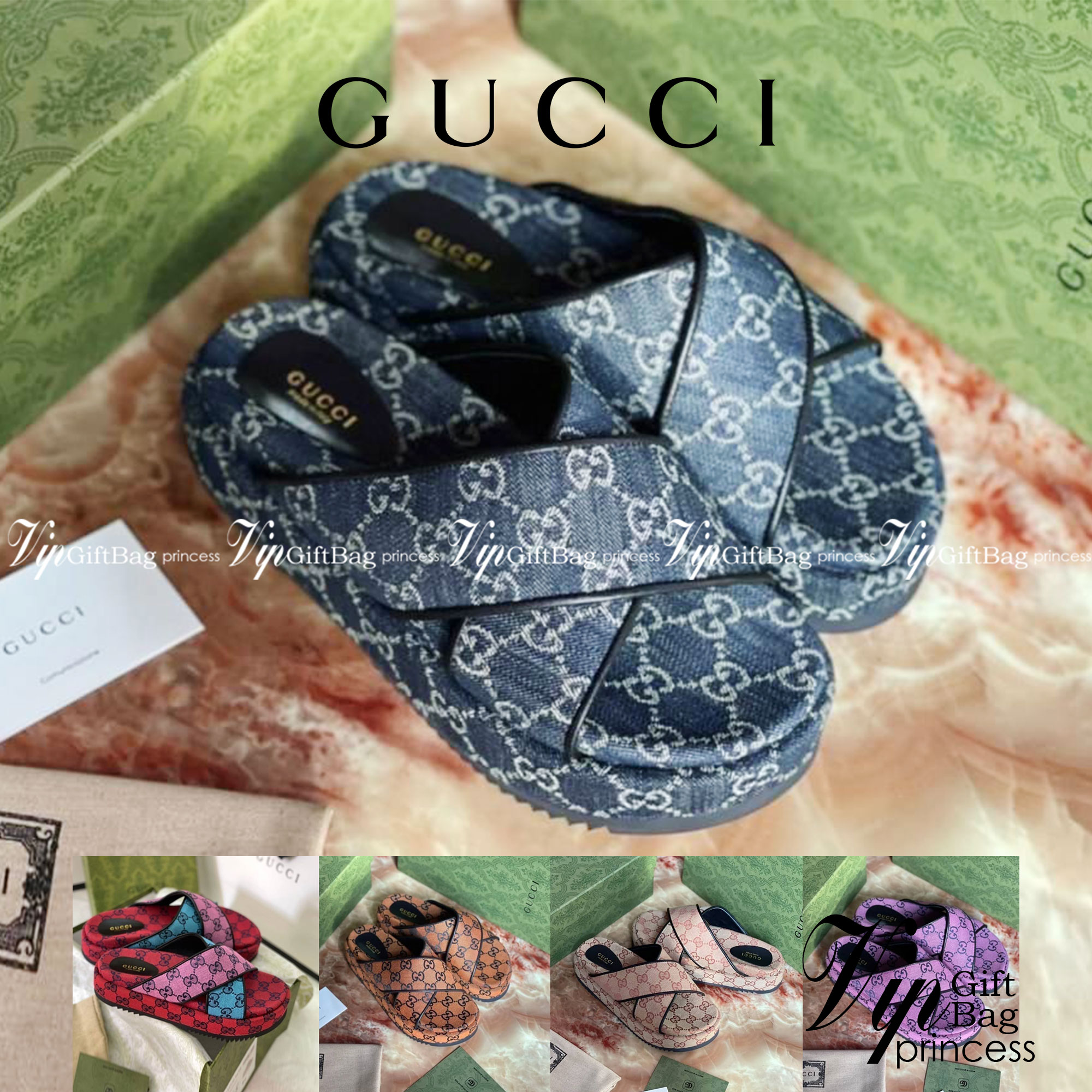 หนังแท้ GUCCI Denim Sandals / GG jacquard organic denim platform sandals / GG Shoes พร้อมส่งที่ไทย รองเท้าผ้าเดนิมเกรดเทพออริจินอล ภาพสินค้าถ่ายจากงานขายจริง ใช้งานต่างประเทศได้ค่ะ